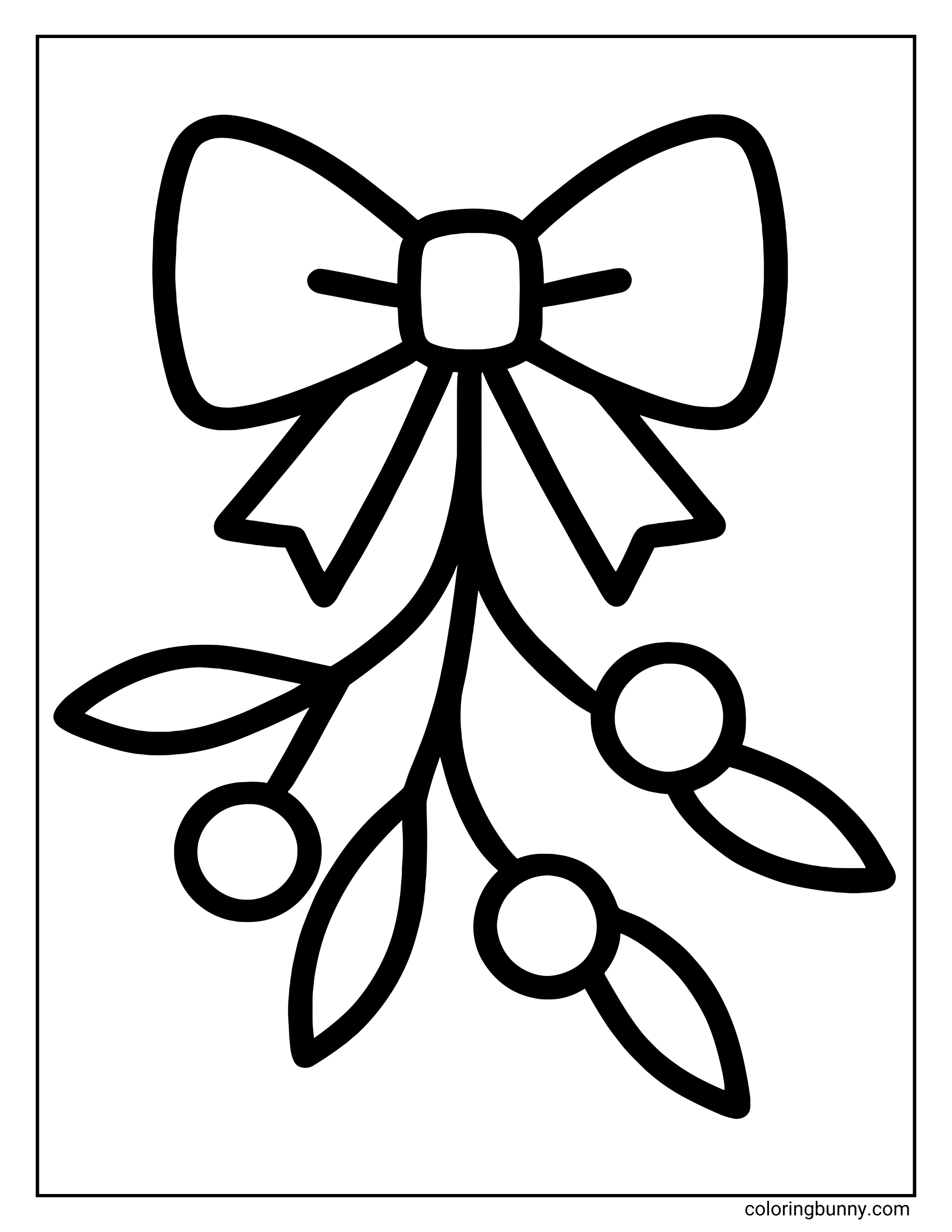 Easy Christmas coloring sheet featuring a sprig of mistletoe tied with a large ribbon bow and hanging berries.