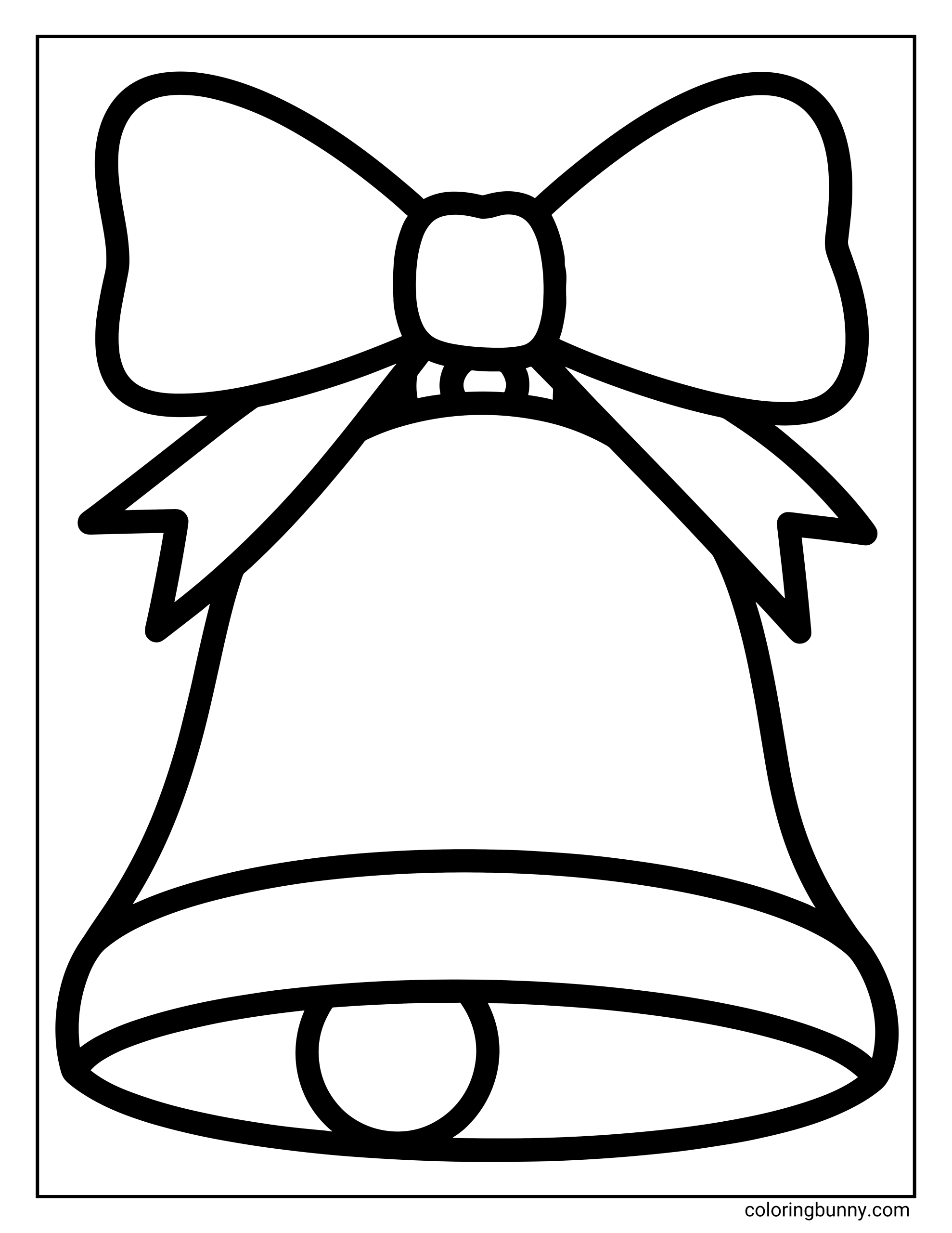 Easy coloring page of a Christmas bell with a big ribbon bow tied at the top and a round clapper visible at the bottom.