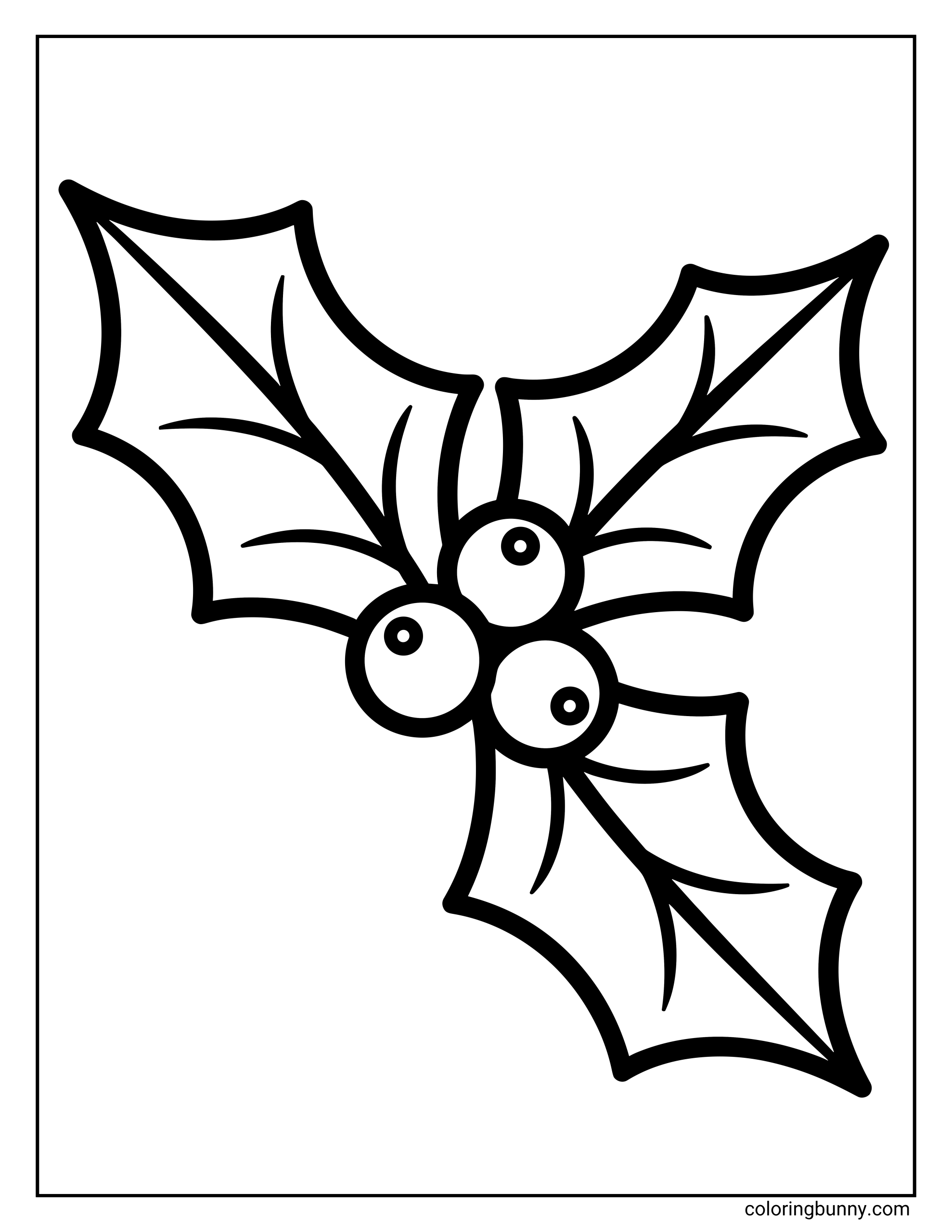 Easy Christmas coloring page of a sprig of holly with three round berries in the center surrounded by three large, pointed leaves.