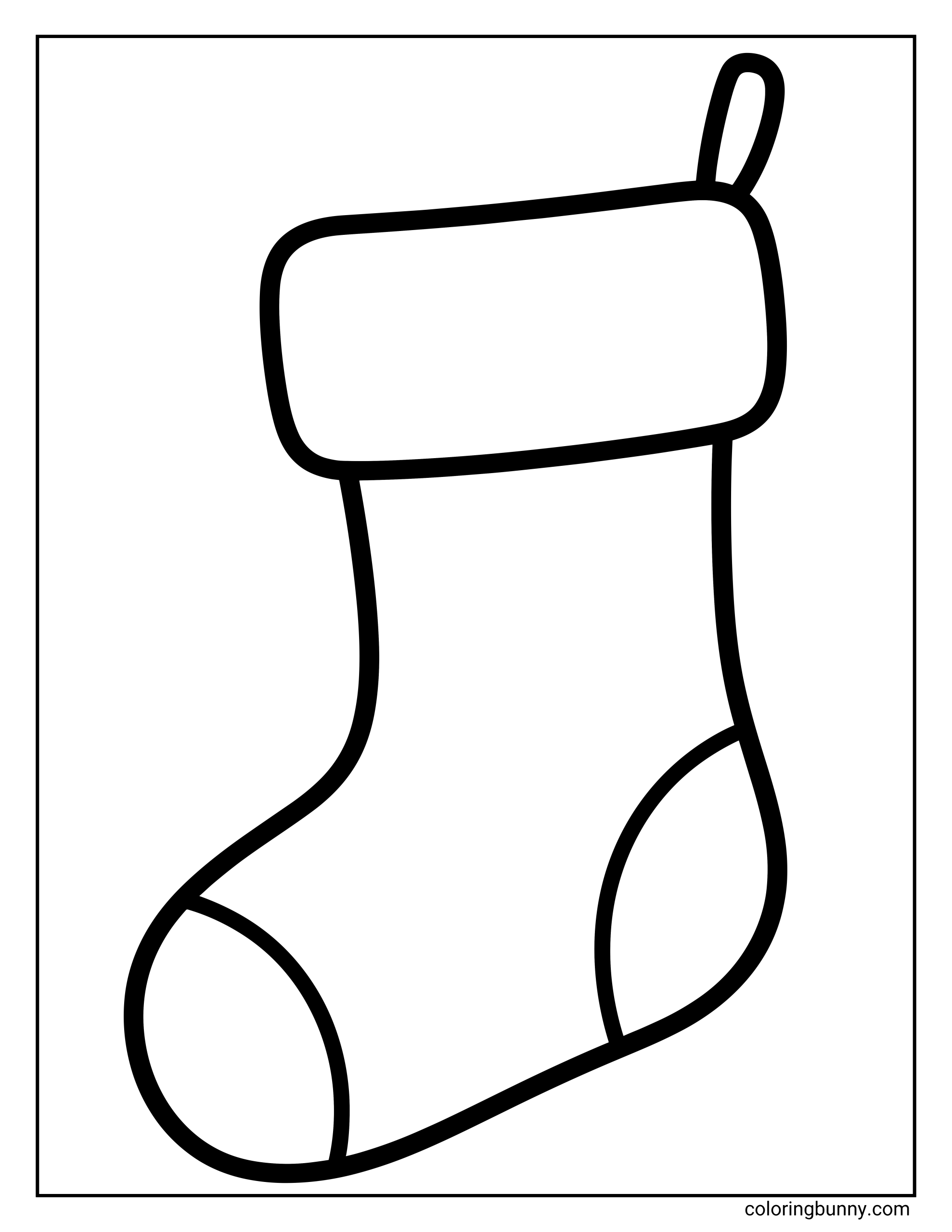 Coloring page of a simple easy Christmas stocking with a cuff, heel, and toe section.