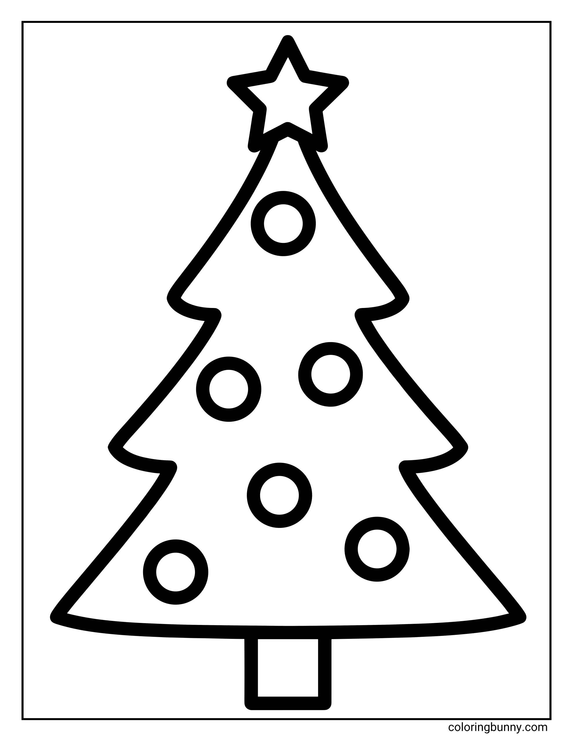 Easy coloring page of a simple Christmas tree decorated with round ornaments and a large star on top.