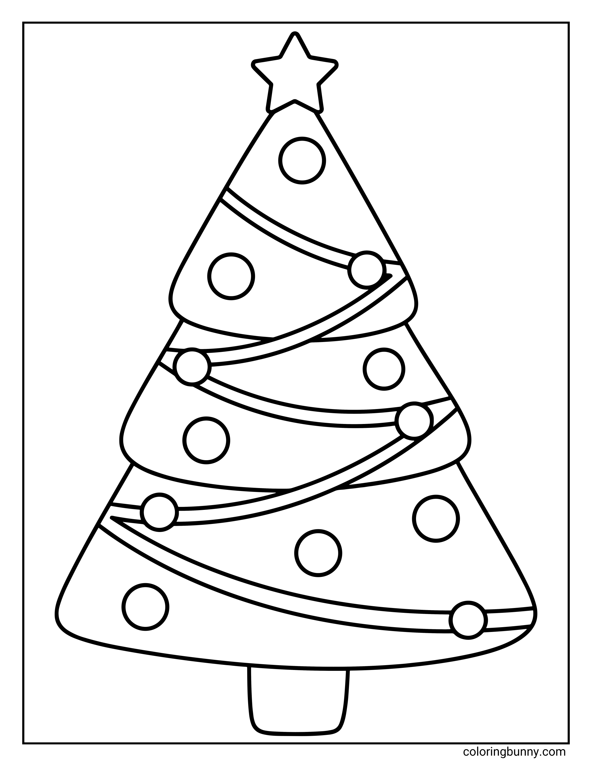 This easy coloring sheet shows a basic Christmas tree topped with a star. The tree is decorated with diagonal bands of tinsel and simple round baubles.