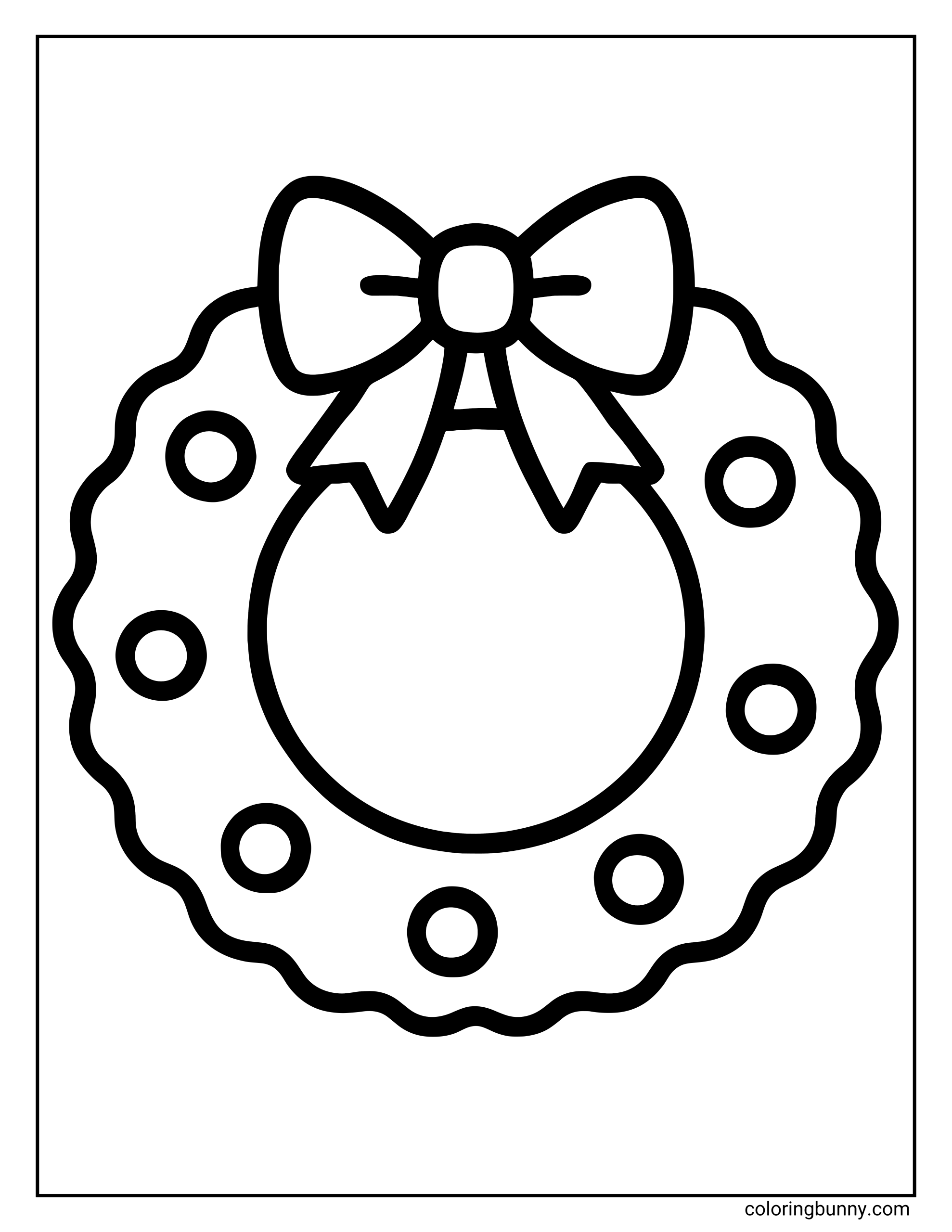 Easy coloring page of a Christmas wreath with a large ribbon bow at the top and round ornaments or berries scattered around the ring.