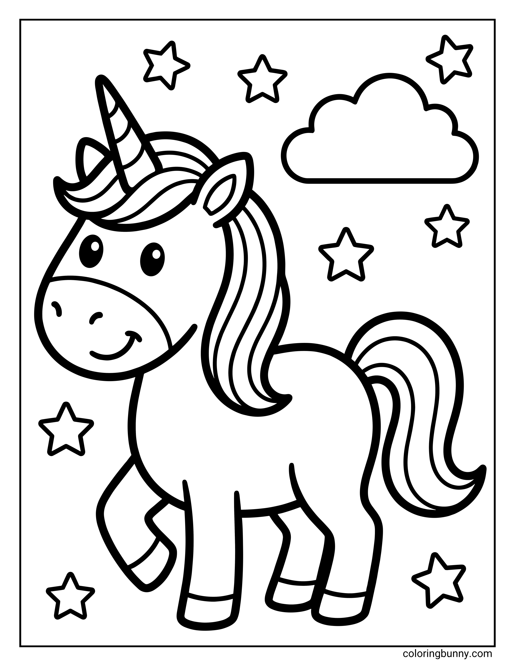 Very simple unicorn coloring page featuring a cute pony with a striped horn and wavy mane prancing under a cloud, surrounded by twinkling stars.