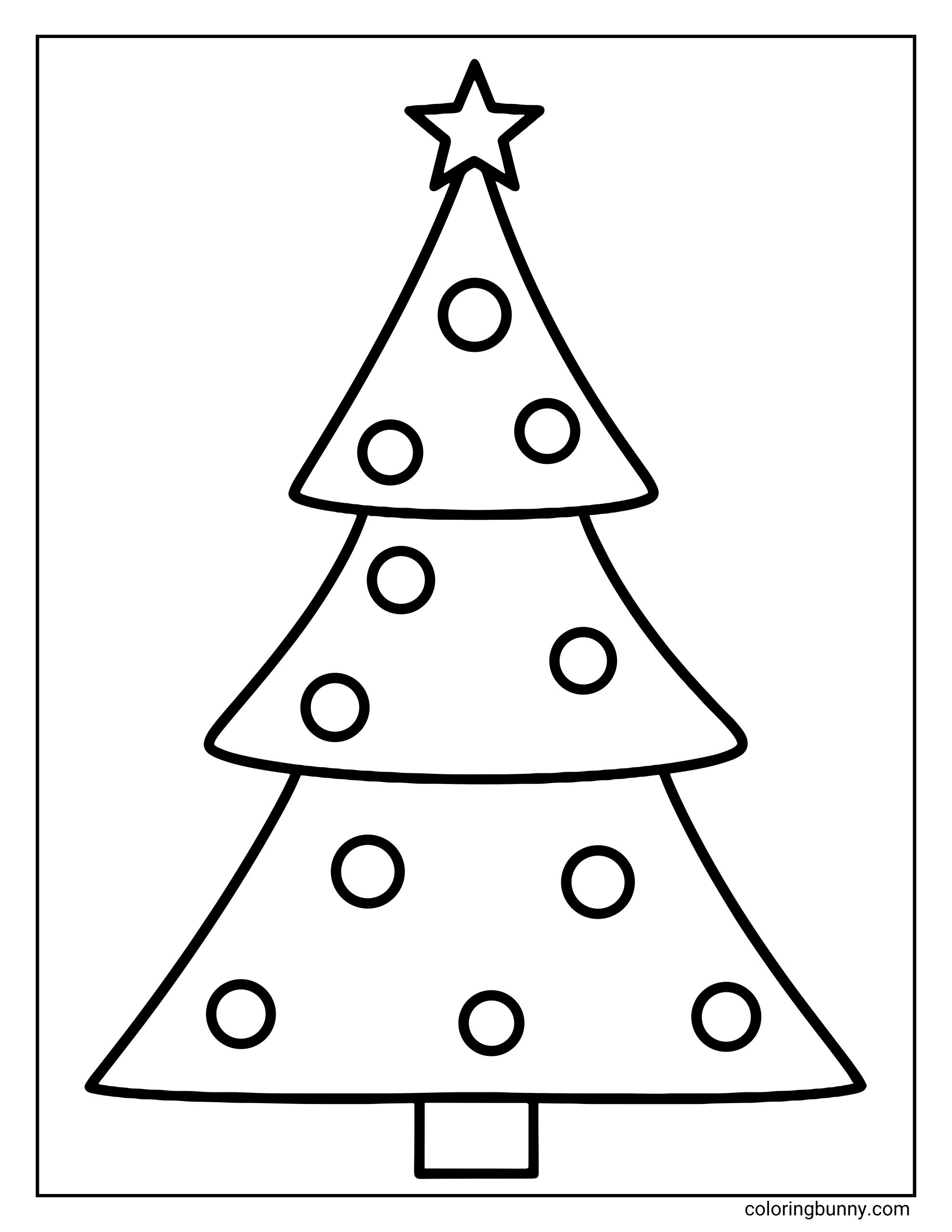 A printable coloring sheet featuring a very simple Christmas tree design. The tree has three triangular tiers, a star topper, and round baubles scattered on the branches.
