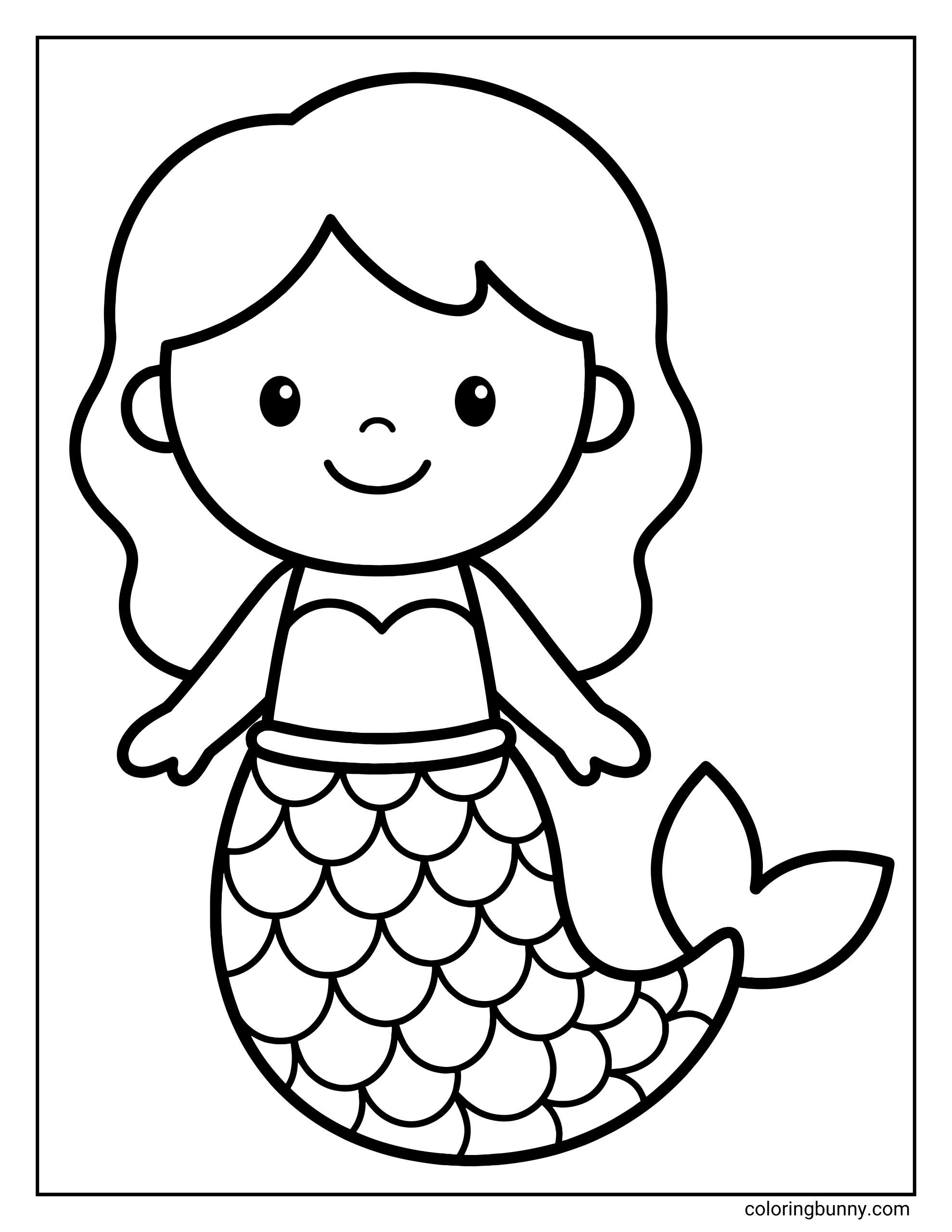 A very simple coloring page of a cute smiling mermaid with wavy hair and a scaled tail, facing forward with no background.
