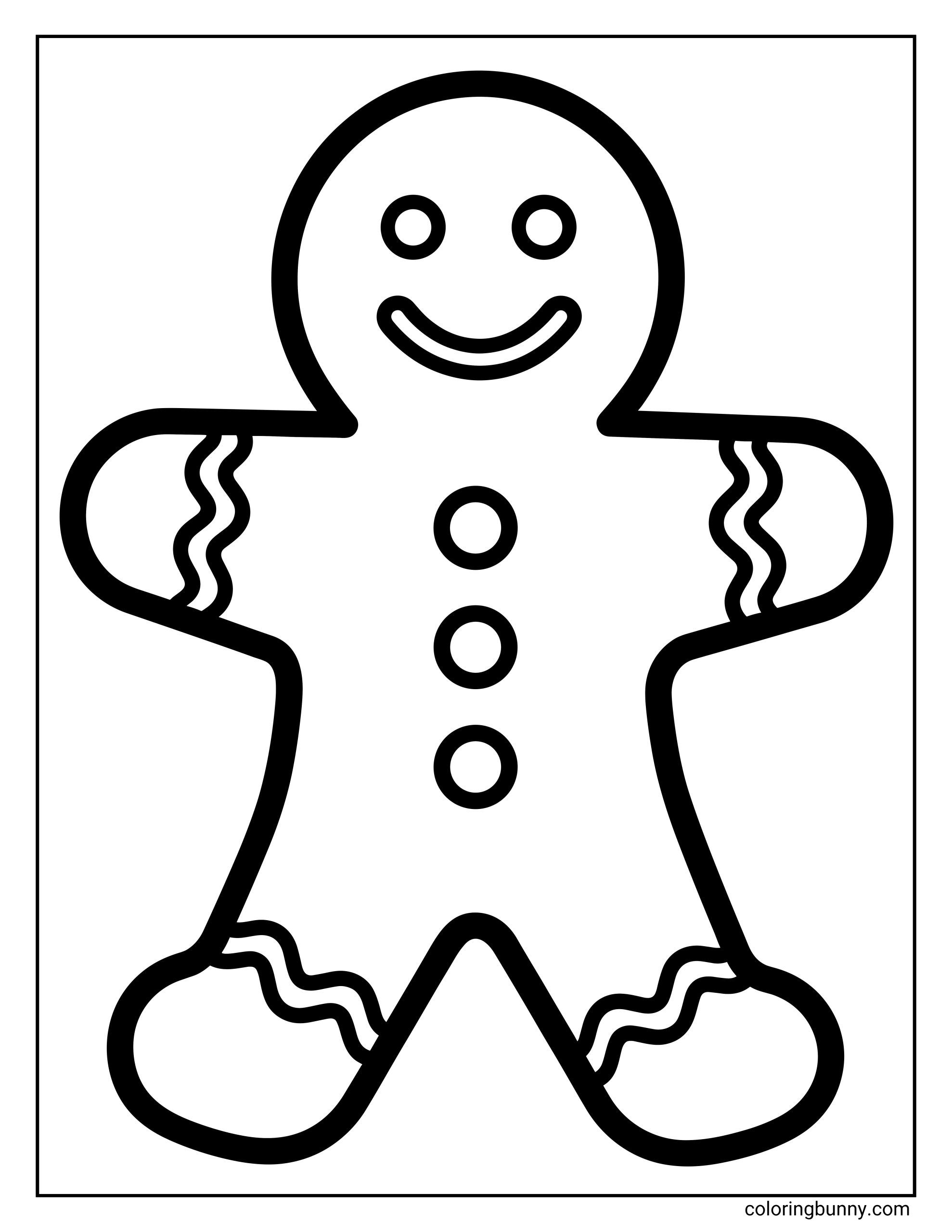 Easy Christmas gingerbread man coloring page outline with smiling face and three buttons.