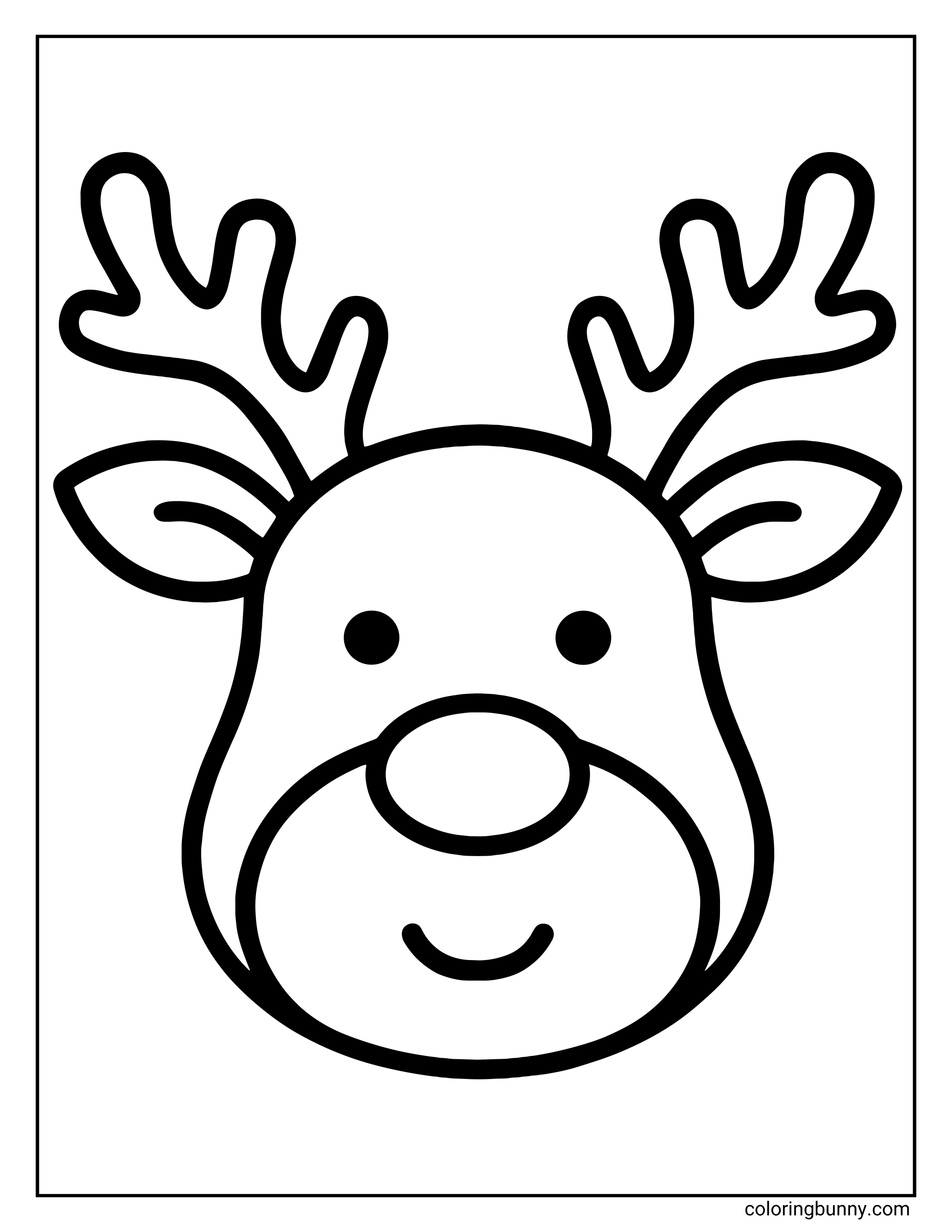 Simple reindeer head coloring page outline featuring large antlers, big ears, and a round nose on a smiling face.
