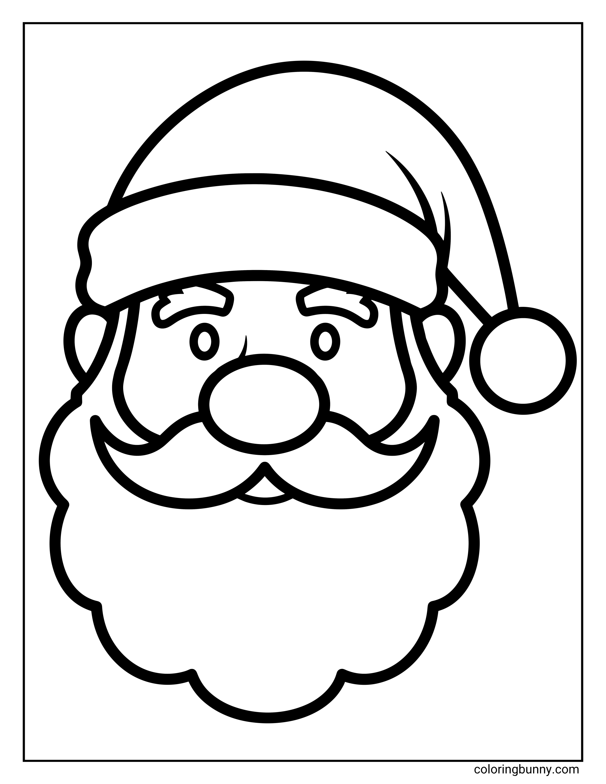 Simple Santa Claus head coloring page outline with hat and big beard.