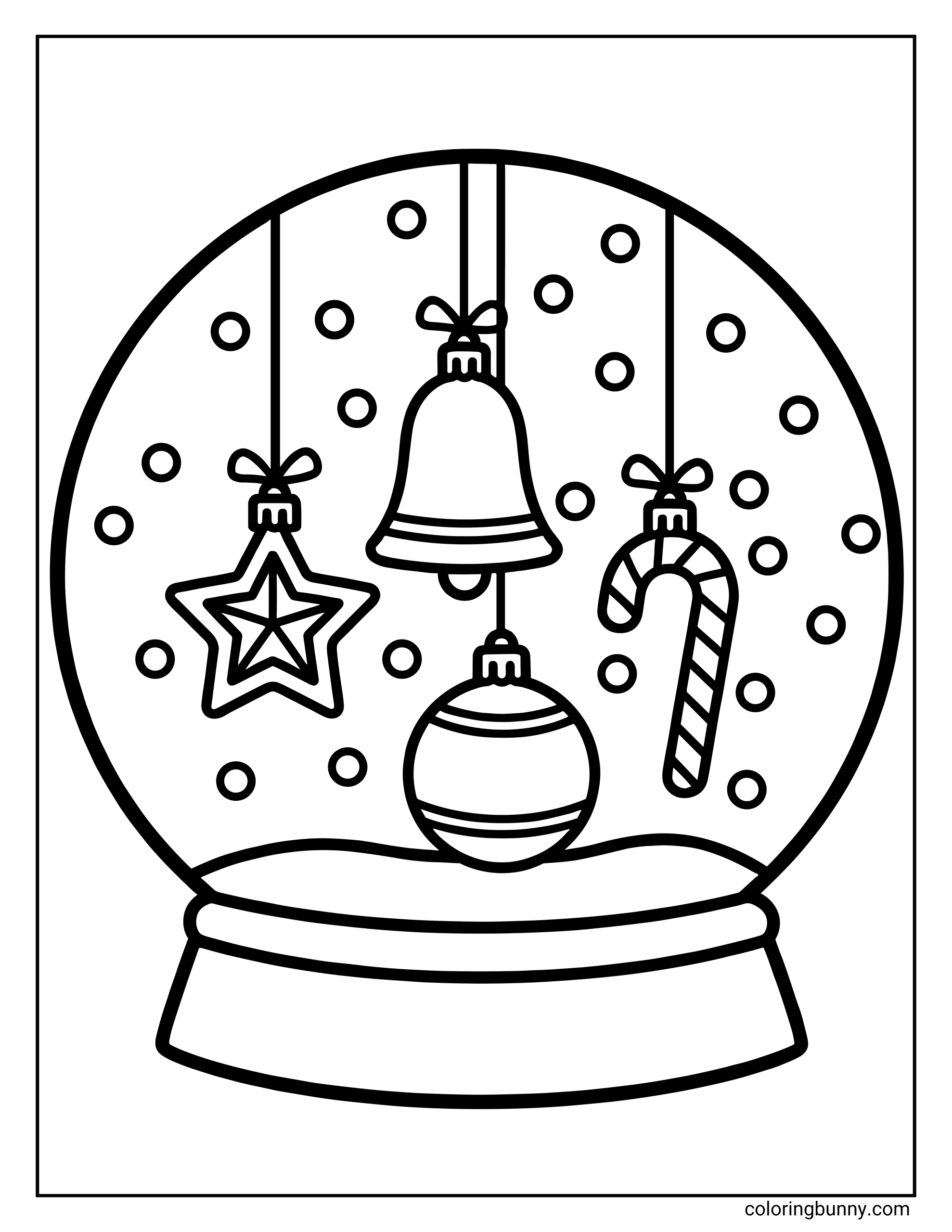 Christmas snow globe coloring page featuring hanging ornaments including a star, a bell, a round bauble, and a candy cane.