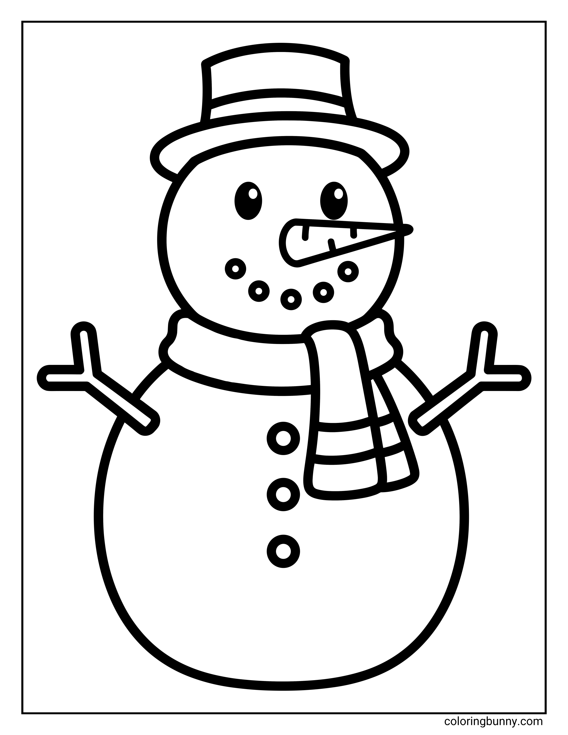 Easy Christmas Coloring page of a snowman wearing a top hat and striped scarf, with stick arms and three buttons on its chest.
