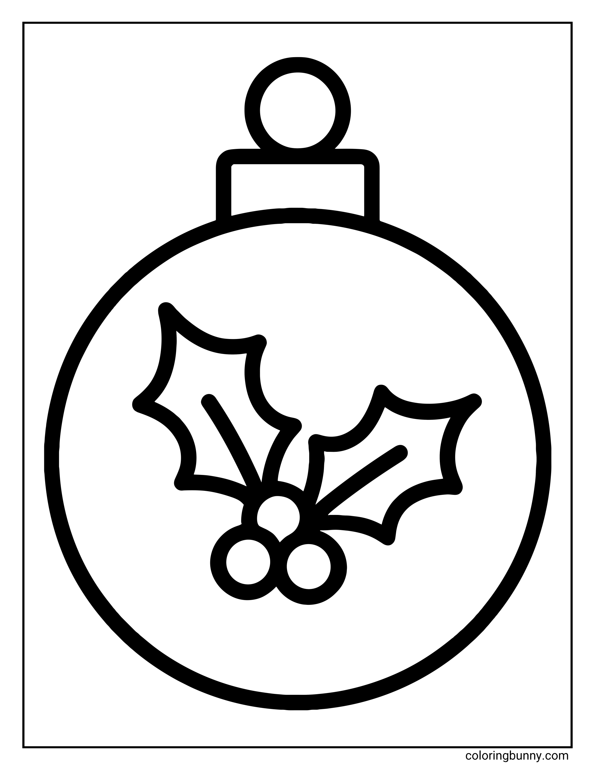 A very simple Christmas bauble coloring page featuring a large, round ornament with a cute holly sprig composed of two leaves and three berries in the center.