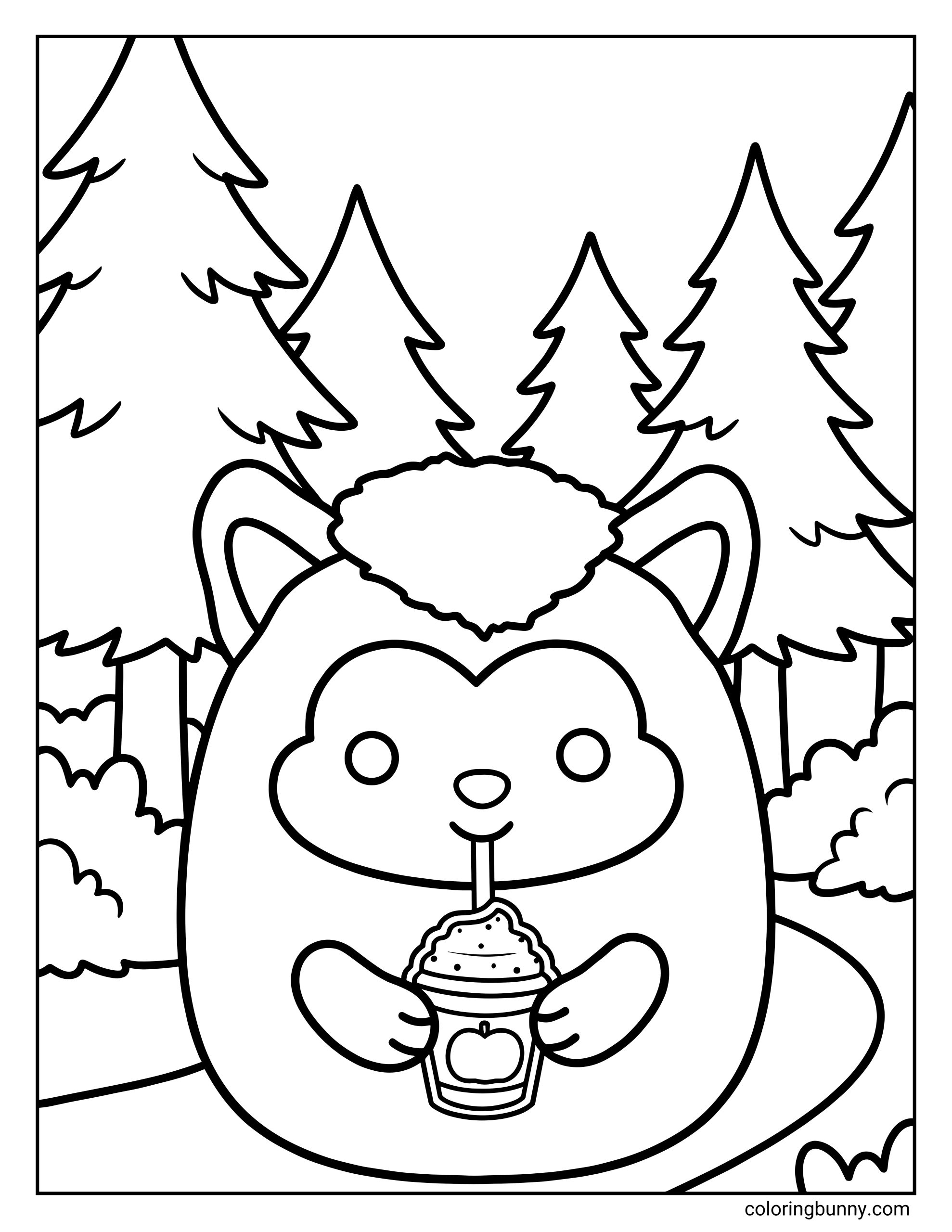 A simple Squishmallow coloring page outline of Wade the Werewolf sipping a pumpkin-spiced drink in a forest setting. Tall pine trees give the scene a cozy and friendly woodland vibe.