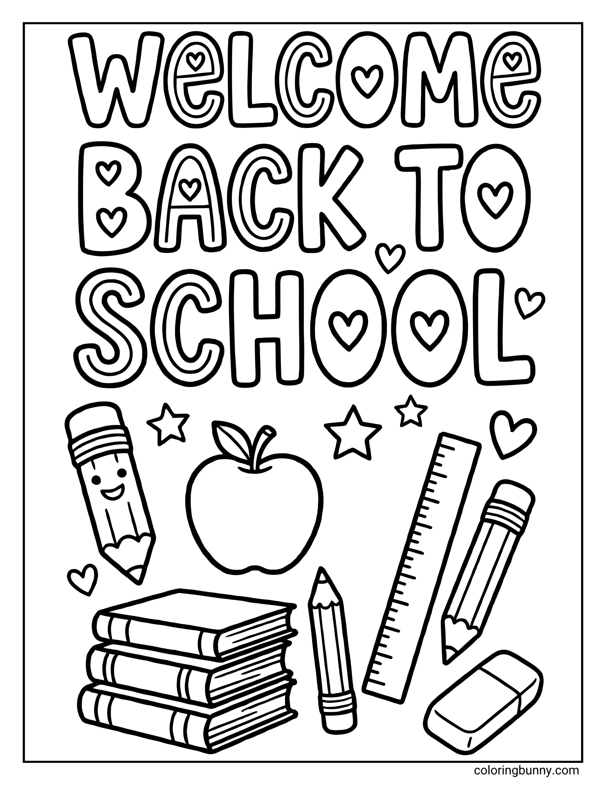 A back to school coloring page featuring the phrase “WELCOME BACK TO SCHOOL” in large rounded letters filled with heart details. Below the text are playful school-themed illustrations including smiling pencils, an apple, a ruler, stacked books, and an eraser, surrounded by small hearts and stars.