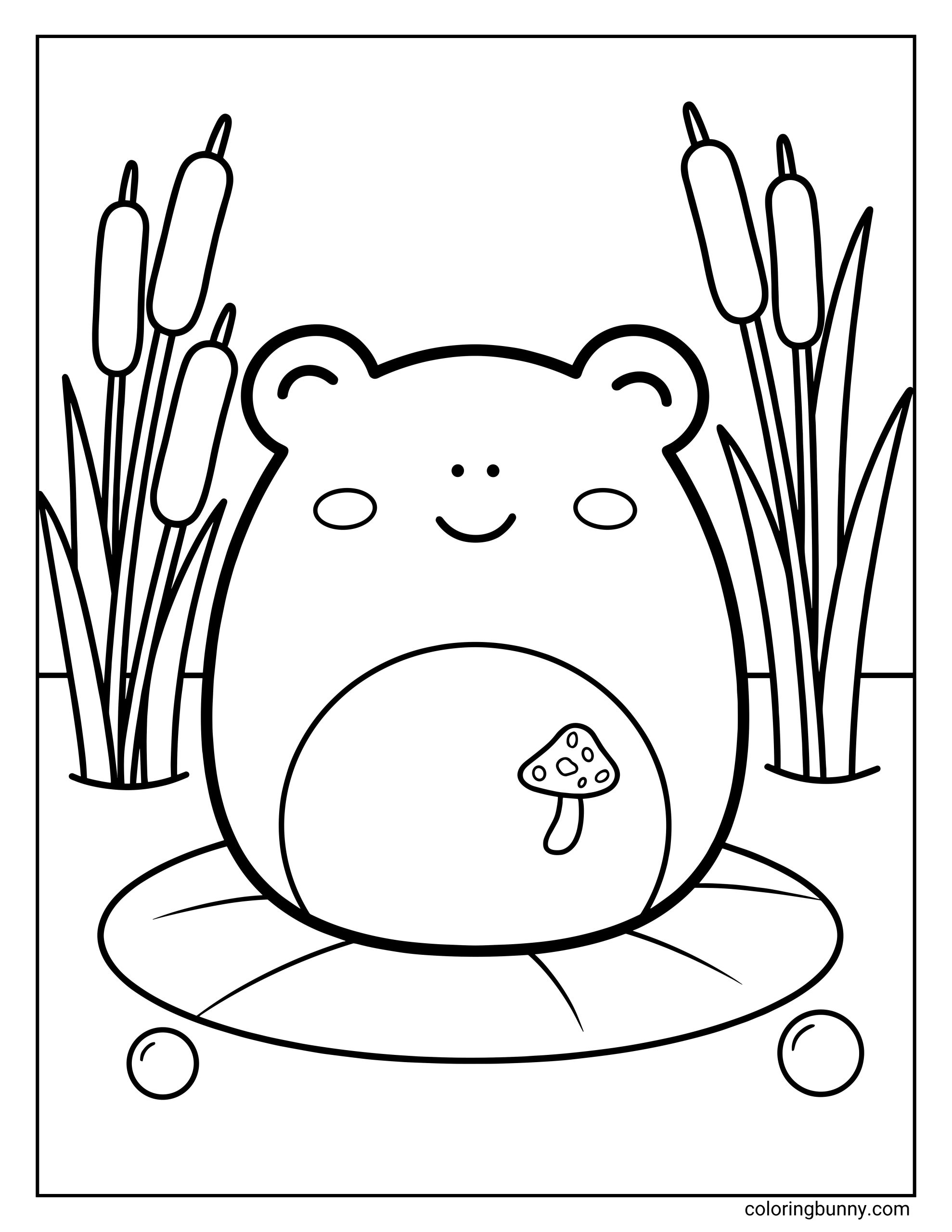 A Squishmallow coloring page of Wendy the Frog sitting peacefully on a lily pad, surrounded by tall cattails growing on both sides of a calm pond. Wendy has a round, smiling face with small blush cheeks, simple dot eyes, and a tiny mushroom detail on her belly, creating a cozy, nature-inspired scene.