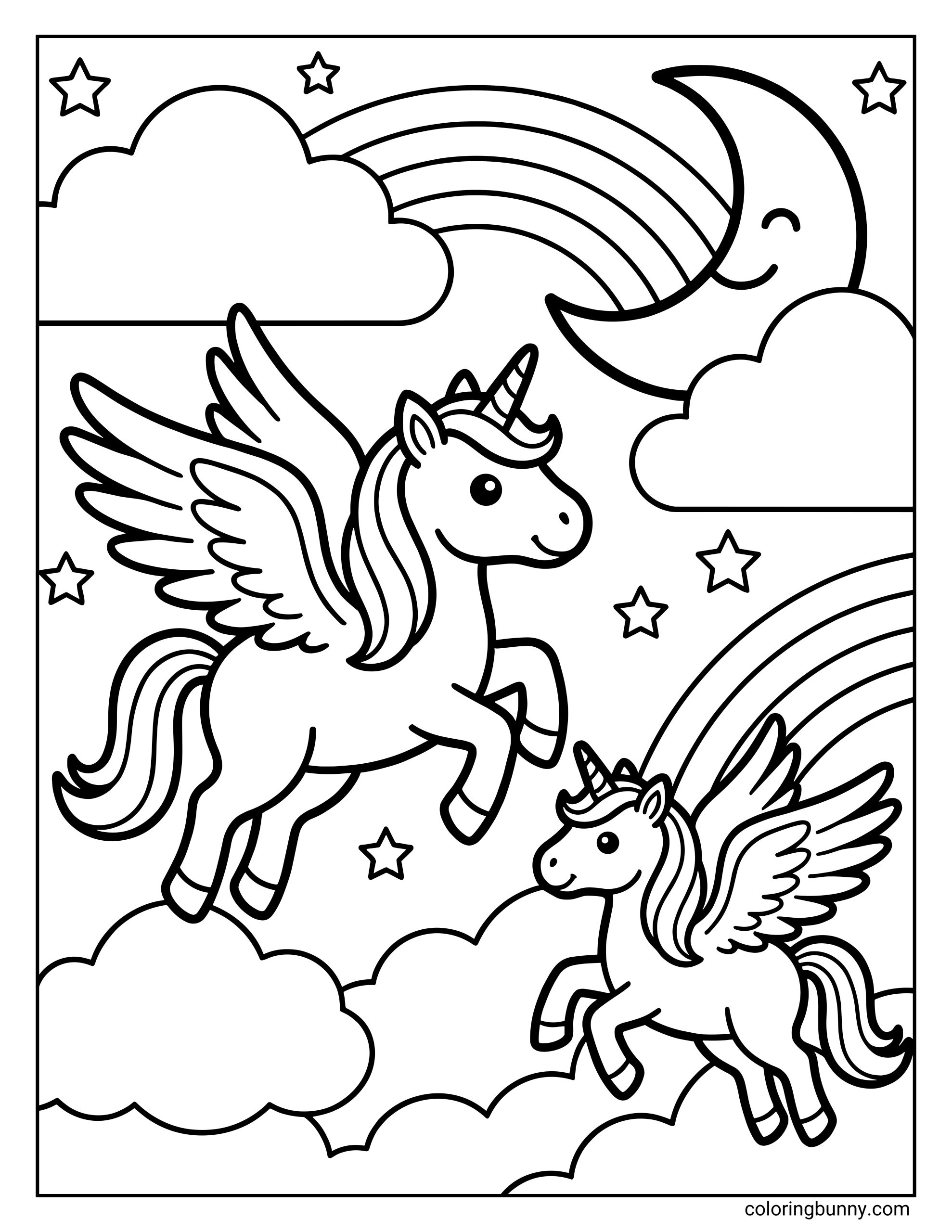 A unicorn coloring page featuring two winged unicorns flying through fluffy clouds, with stars, a smiling crescent moon, and rainbows in the night sky.