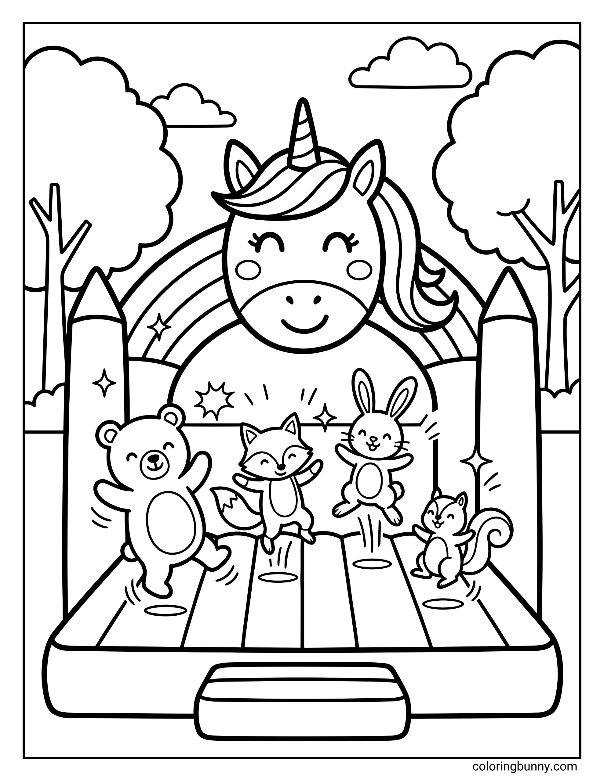 A unicorn coloring page showing a smiling unicorn rainbow bounce house with woodland friends jumping happily inside, including a bear, a fox, a rabbit and squirrel having fun. The scene is surrounded by trees, clouds, and sparkles, for a playful, magical scene.
