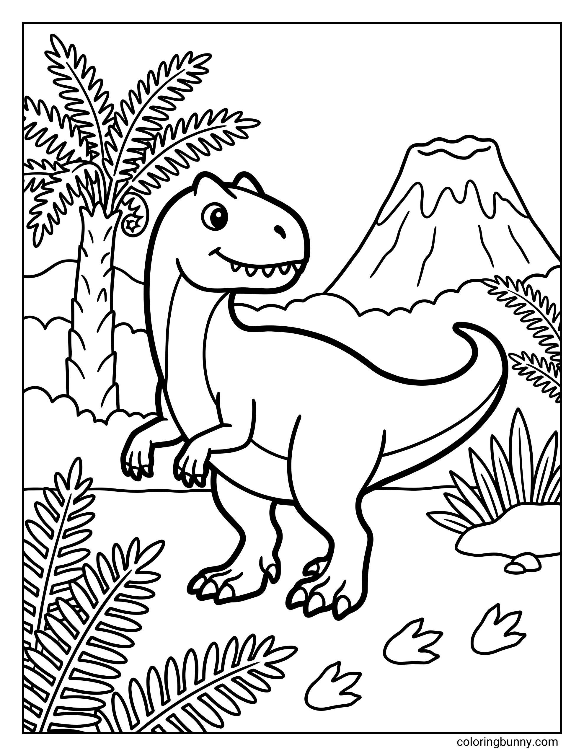 A friendly Allosaurus dinosaur coloring page featuring a smiling dinosaur standing in a Jurassic landscape with palm trees, ferns, a volcano in the background, and dinosaur footprints on the ground.