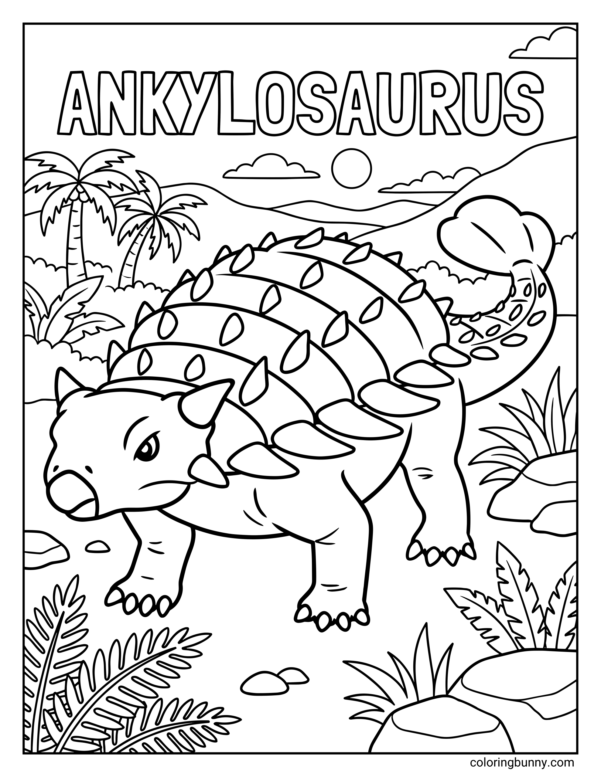 An Ankylosaurus coloring page showing the armored dinosaur walking through a prehistoric jungle with palm trees, mountains, rocks, and bold, clean outlines.