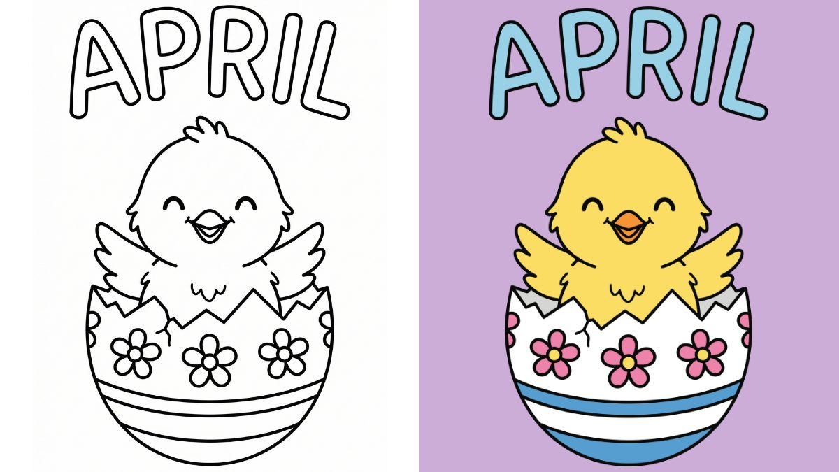 April Coloring Pages with a Chick in a broken Easter Egg with a pattern.