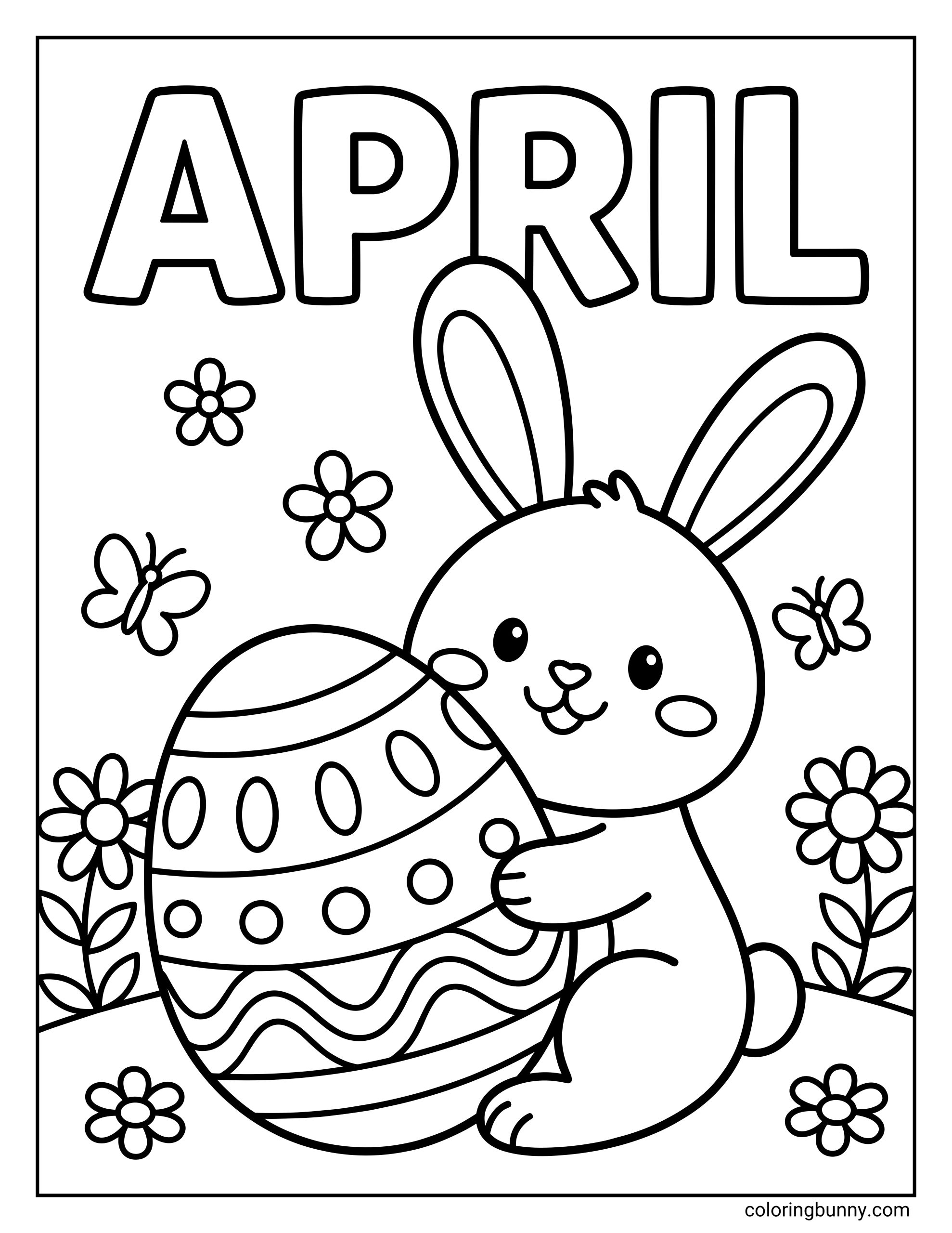 A cute April coloring page featuring a bunny rabbit hugging a large decorated Easter egg beneath the word "APRIL," surrounded by flowers and butterflies.