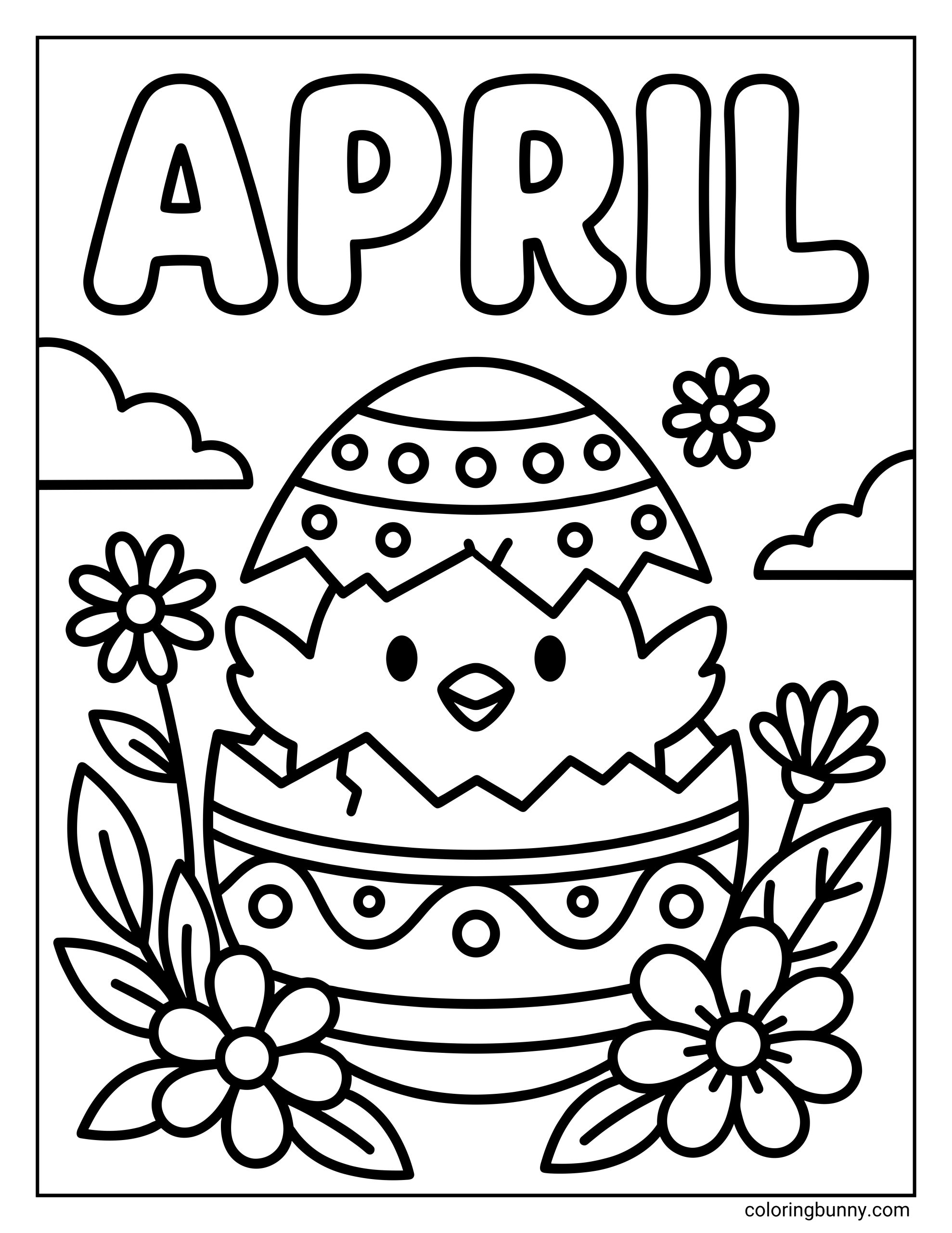 A cute April coloring page featuring the text "APRIL" above a baby chick hatching from a decorated egg, surrounded by blooming flowers and clouds.