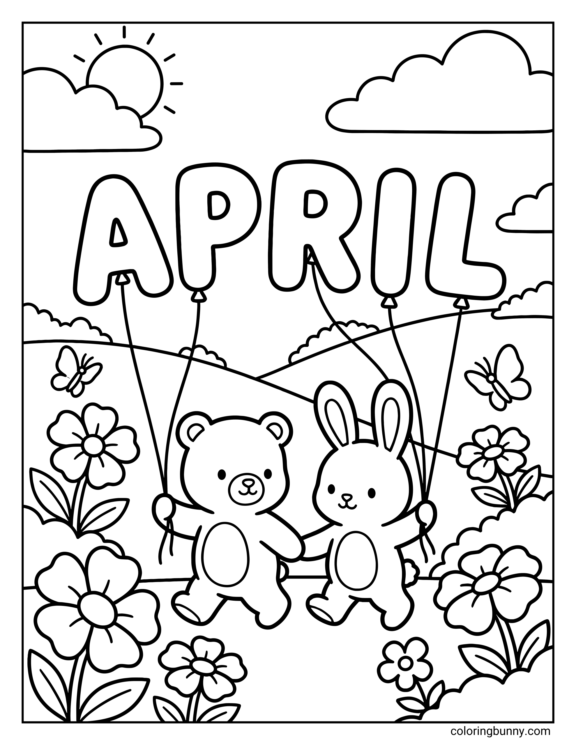April coloring page of a cute bear and rabbit walking in a field of flowers and butterflies, holding balloons that spell out "APRIL" under the sun.