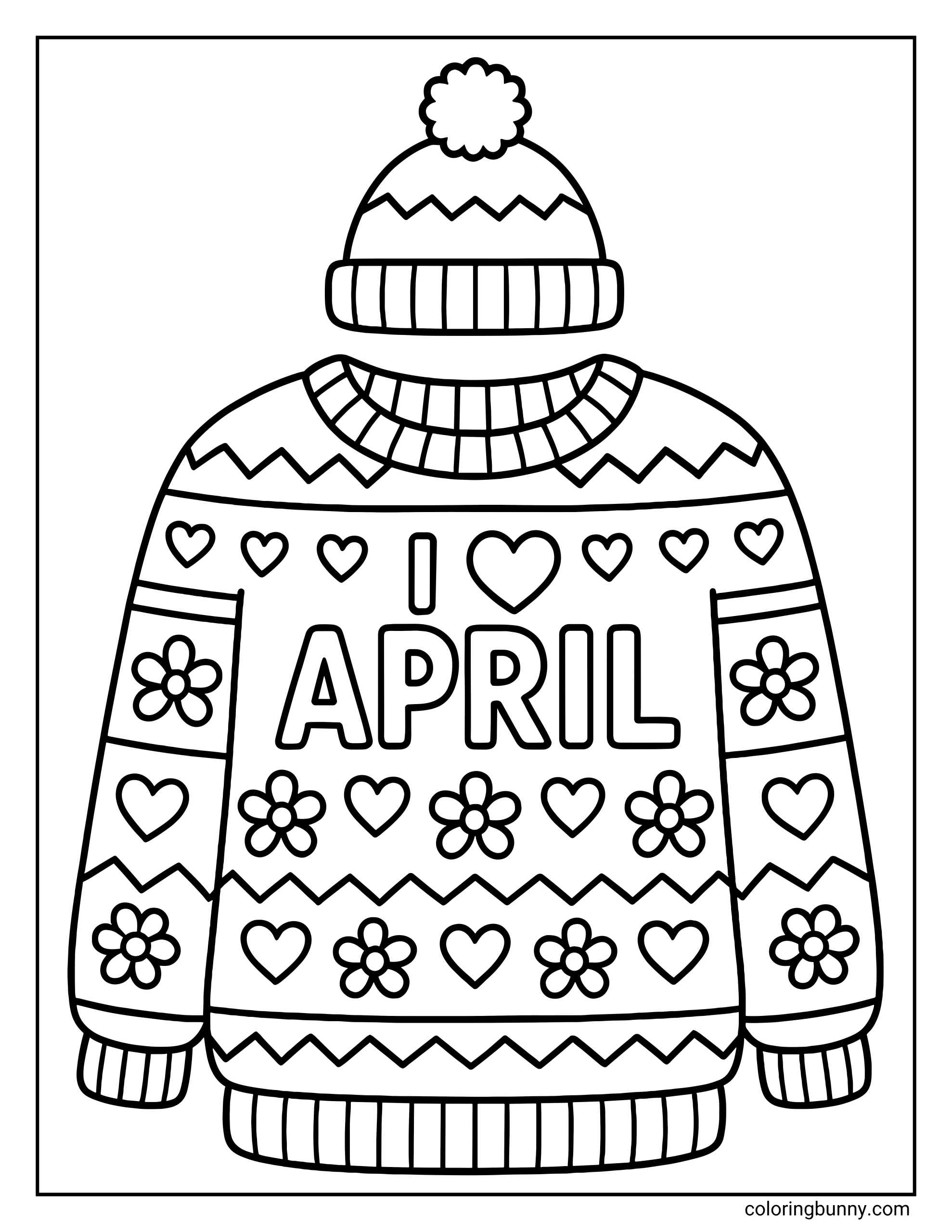 A coloring page of a knitted sweater and beanie hat featuring the text "I heart APRIL" surrounded by patterns of hearts and flowers.