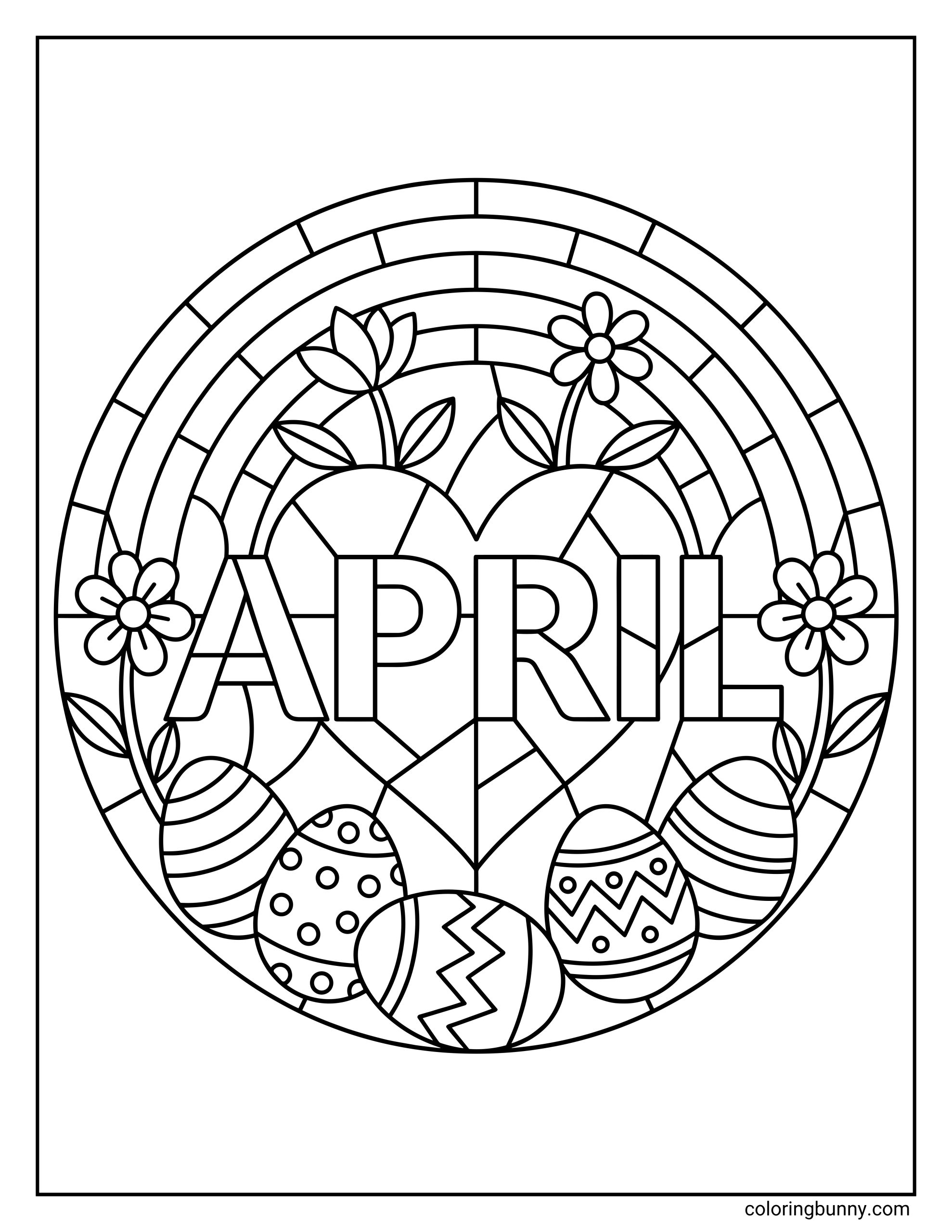 A round stained-glass style April coloring page featuring the word "APRIL" inside a heart, surrounded by a rainbow, flowers, and decorated Easter eggs.