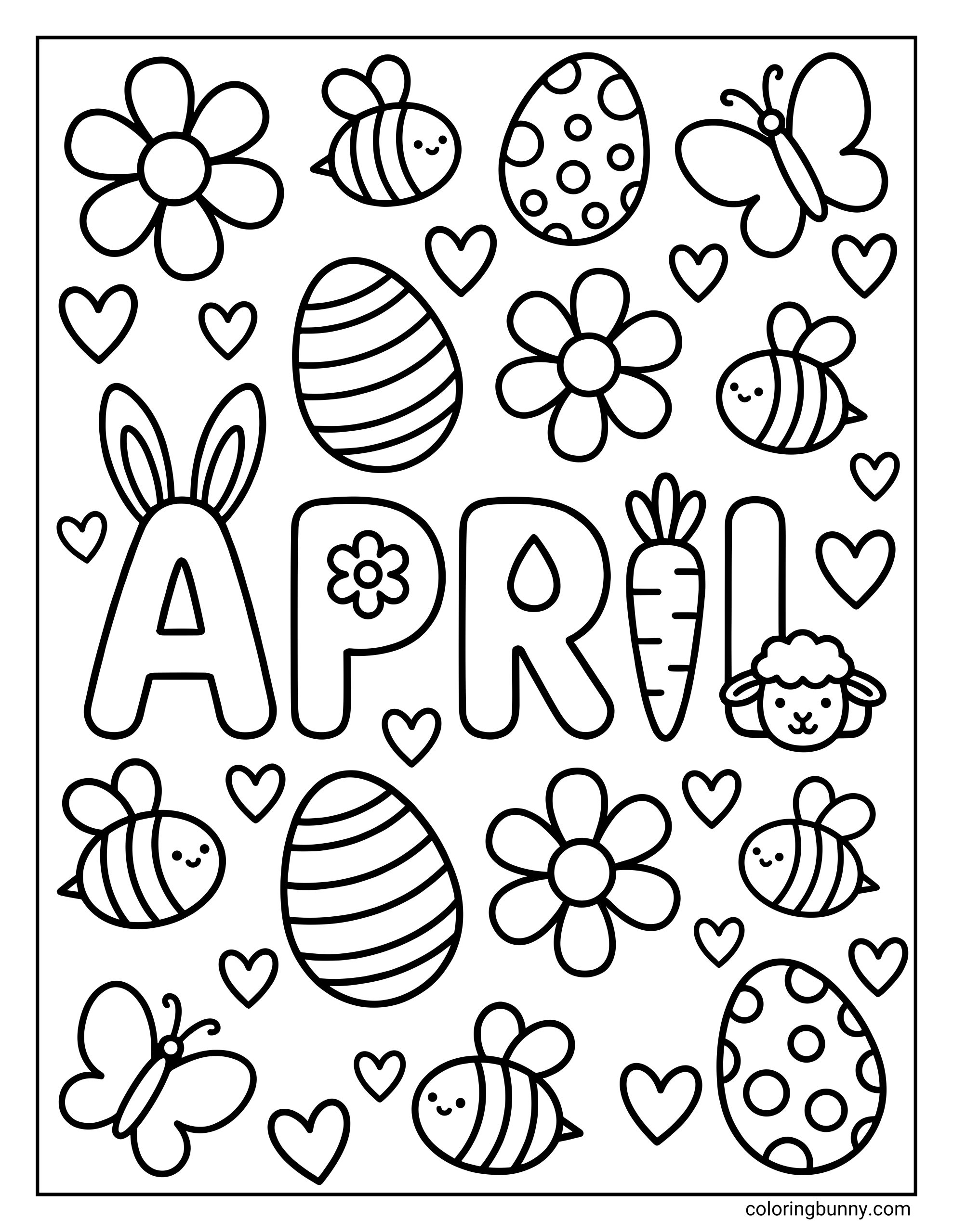 An April coloring sheet of the text "APRIL" with a carrot for the letter I and bunny ears behind the A, surrounded by Easter eggs, bees, butterflies, and a sheep.