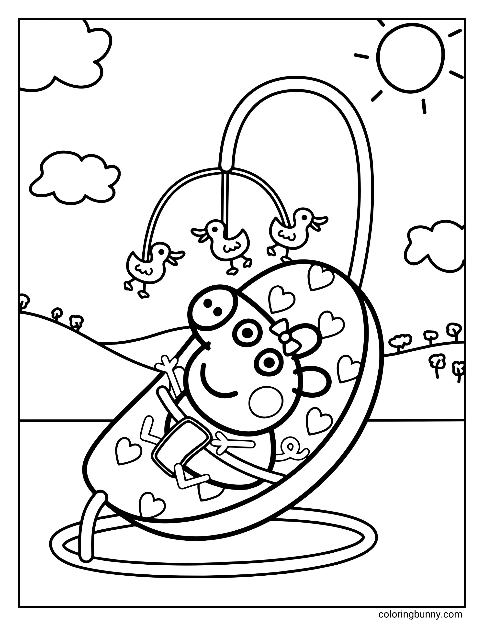 A Peppa Pig coloring page featuring a happy baby Evie relaxing in a hanging egg chair decorated with heart patterns, gently swinging outdoors under a sunny sky with clouds and rolling hills in the background. Three small birds perch above on the chair’s frame, adding to the peaceful and playful scene.