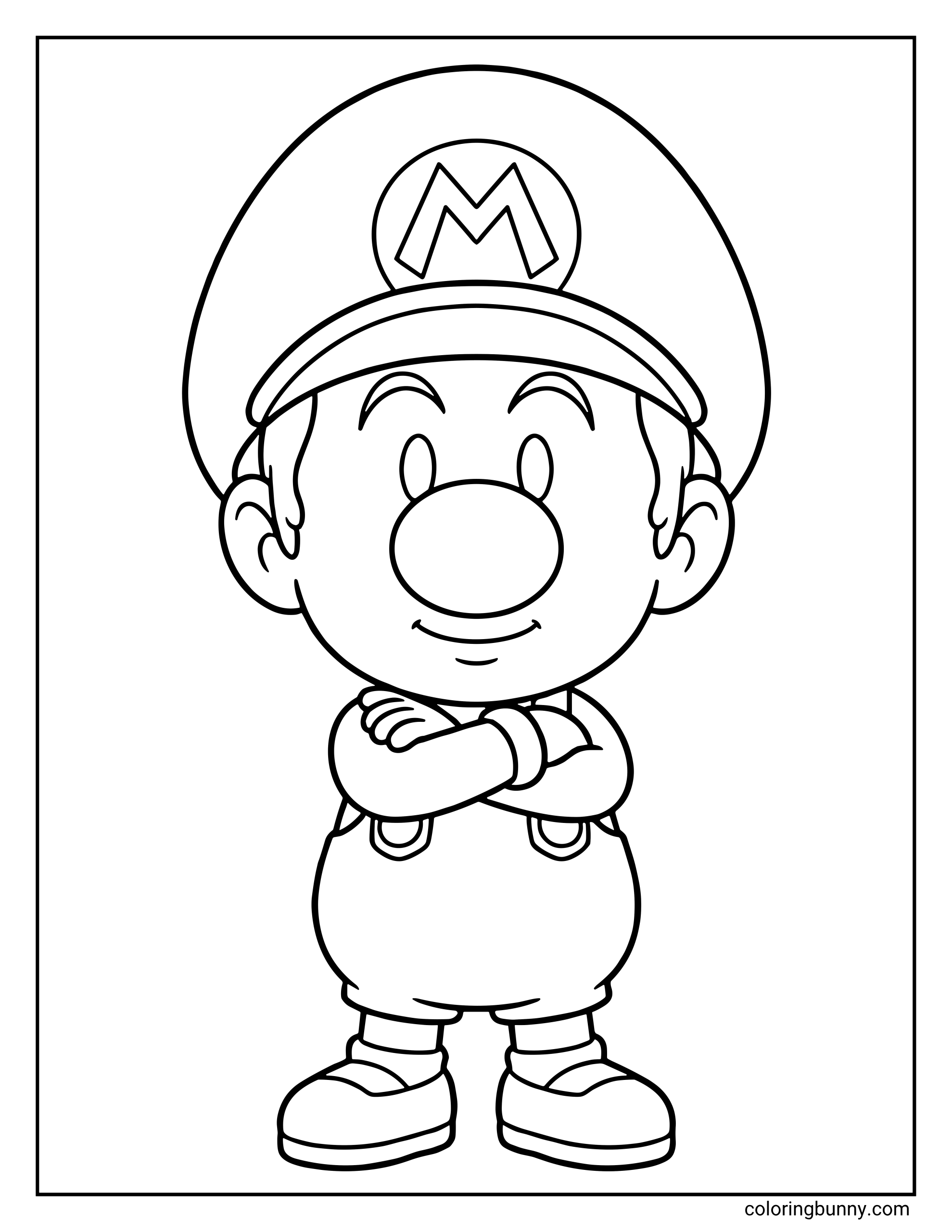 A coloring page of Baby Mario standing with his arms crossed and a confident smile. The page features bold, clean outlines of his signature oversized cap and overalls, set against a plain background for easy coloring.