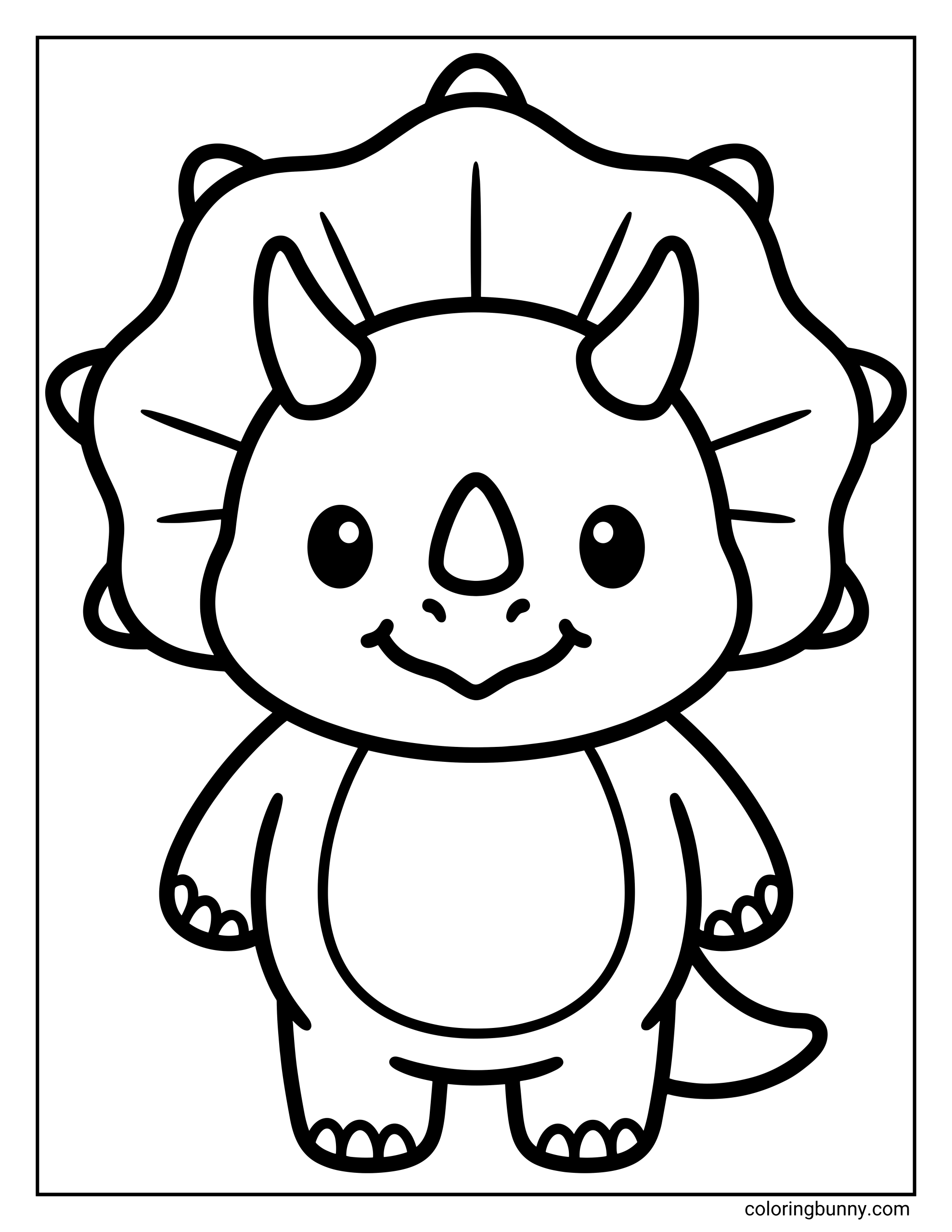 A cute very simple baby Triceratops coloring page with a smiling face, small horns, and a rounded frill, drawn in a simple, bold style.