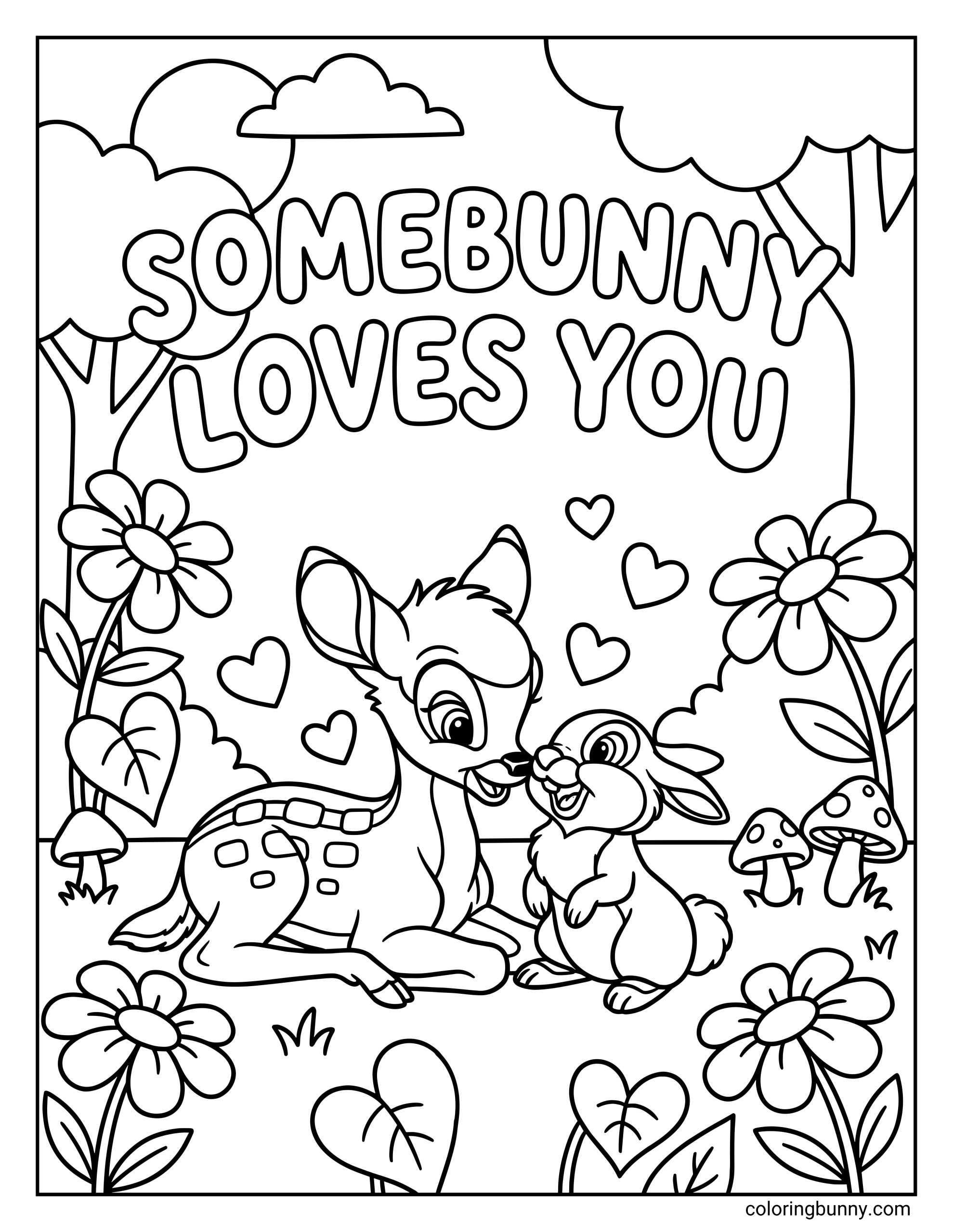 A Disney Valentine's coloring page showing Bambi the fawn and Thumper the rabbit interacting in a forest. Large flowers, mushrooms, and floating hearts surround them under the text "SOMEBUNNY LOVES YOU."