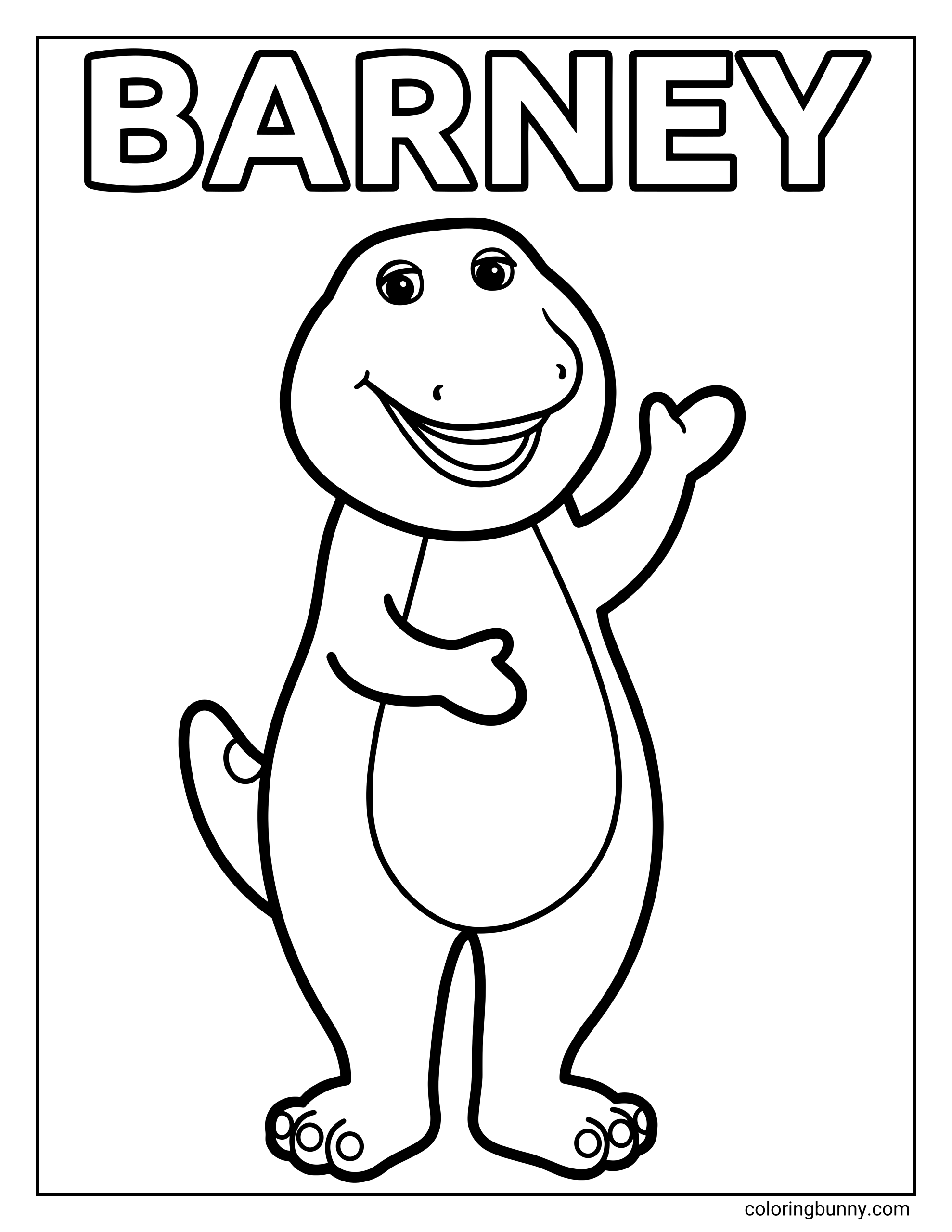 A simple Barney the Purple Dinosaur coloring page showing a friendly, smiling Barney dinosaur character standing upright and waving, with bold outlines and the word “BARNEY” written at the top.