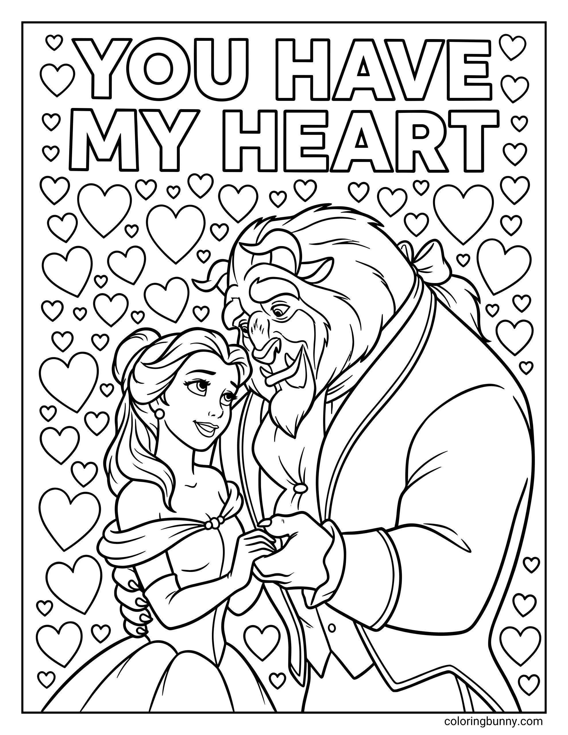 A Disney Valentine's Day coloring page of Belle and the Beast holding hands, surrounded by many hearts of different sizes. The text at the top reads, "YOU HAVE MY HEART."