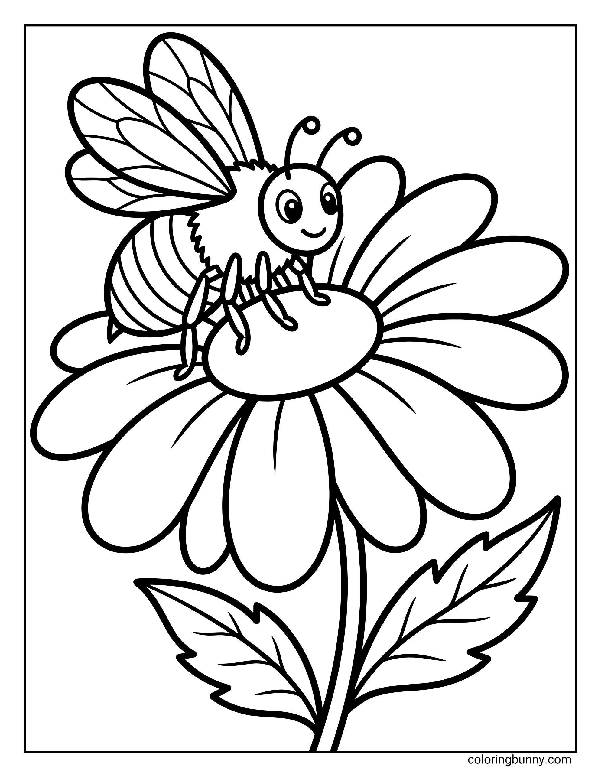 A bee pollinating a flower coloring page featuring a smiling bee sitting on a large flower with rounded petals, a leafy stem, and bold, easy-to-color outlines.