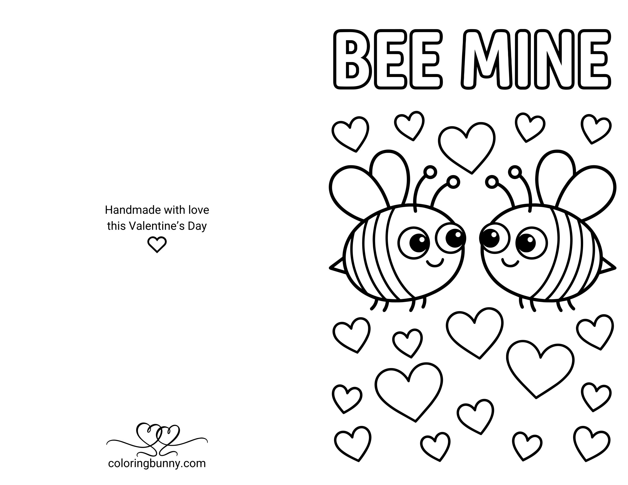 A bee-themed Valentine’s Day coloring card with two cute bees facing each other, surrounded by hearts and the phrase “Bee Mine.”