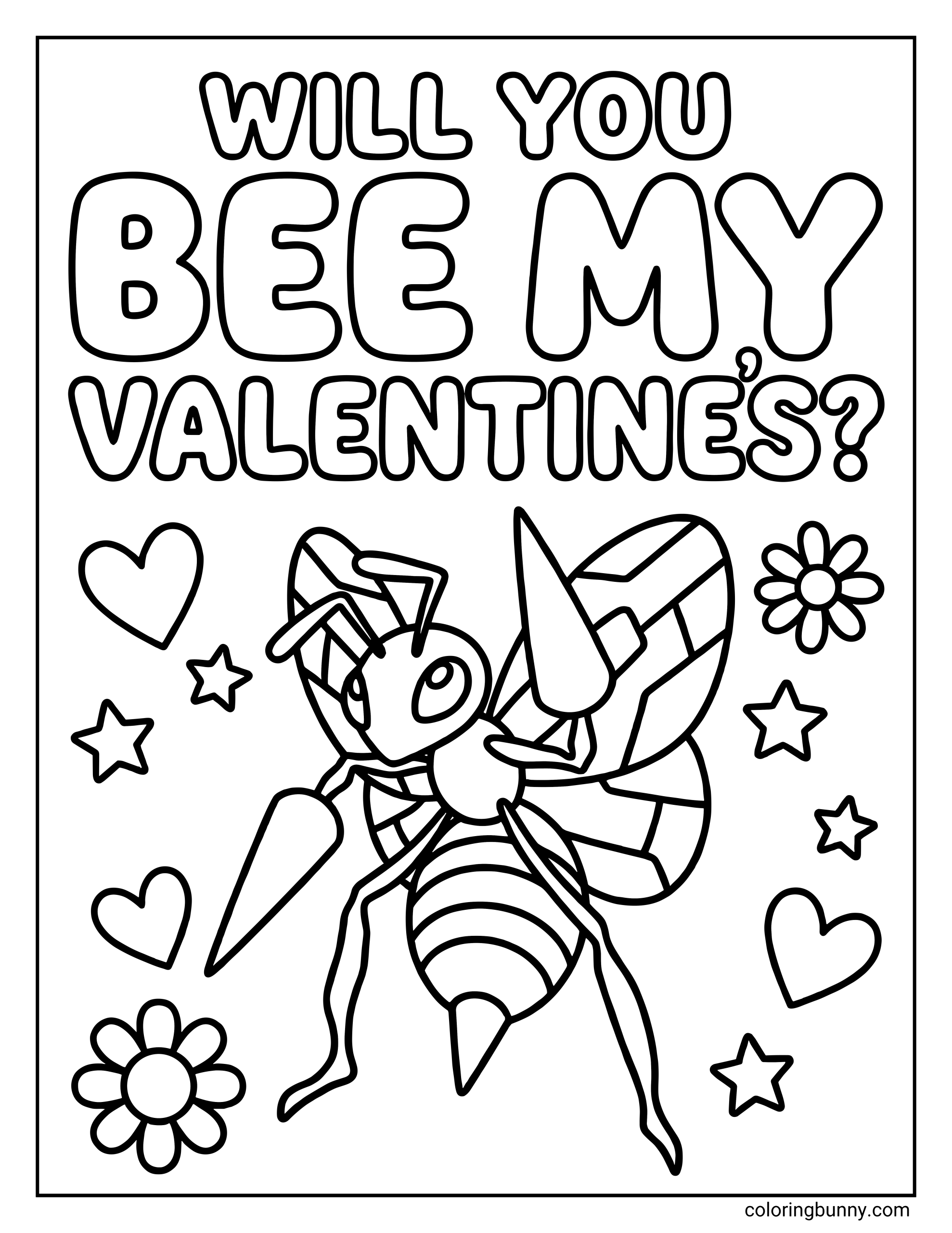 A pokemon valentines day coloring page of the Pokémon Beedrill flying among floating hearts, stars, and a flower under the text 'WILL YOU BEE MY VALENTINE'S?