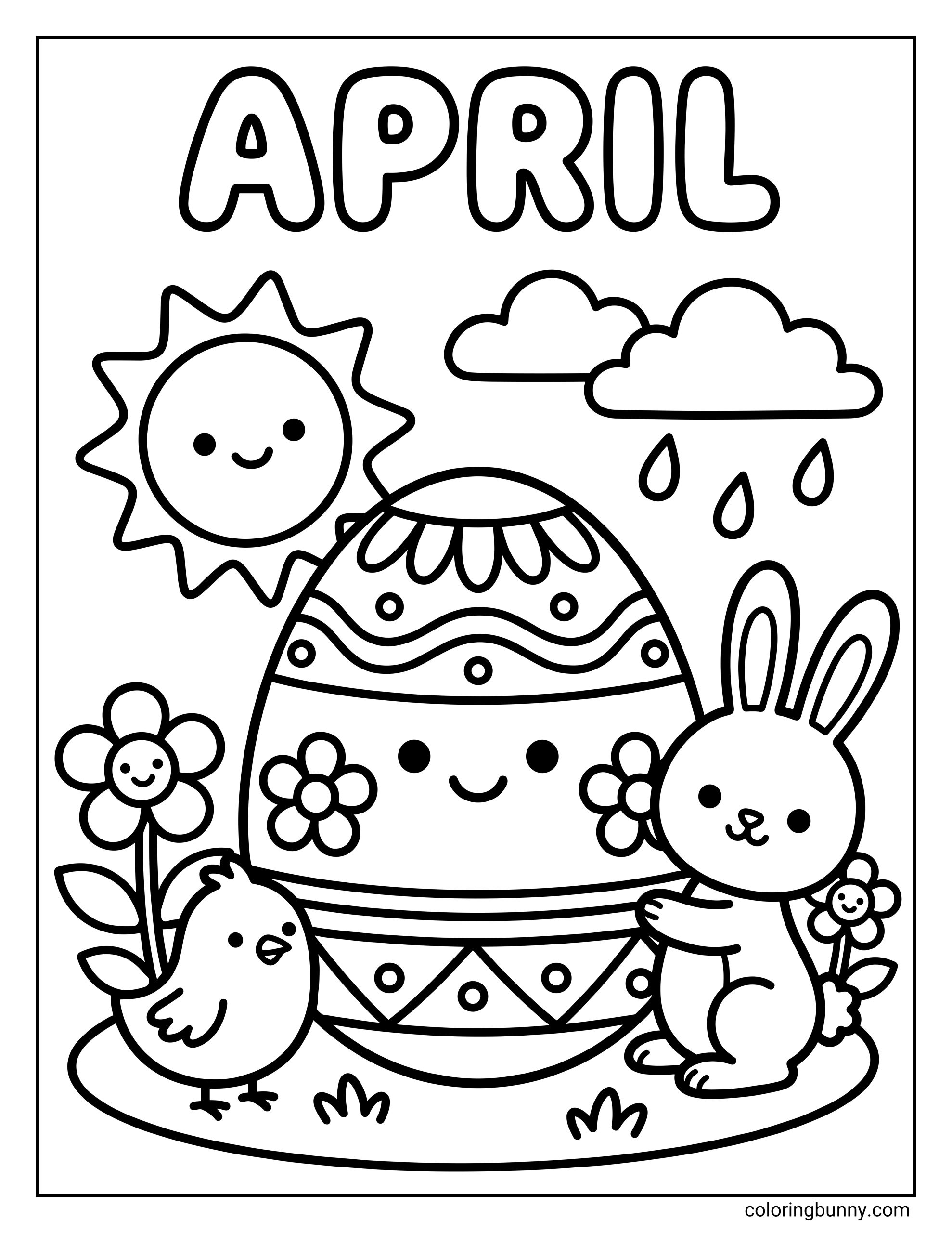 A fun coloring page featuring the text "APRIL" above a giant decorated Easter egg with a smiley face, hugged by a rabbit and a chick, surrounded by a smiling sun and rain cloud.