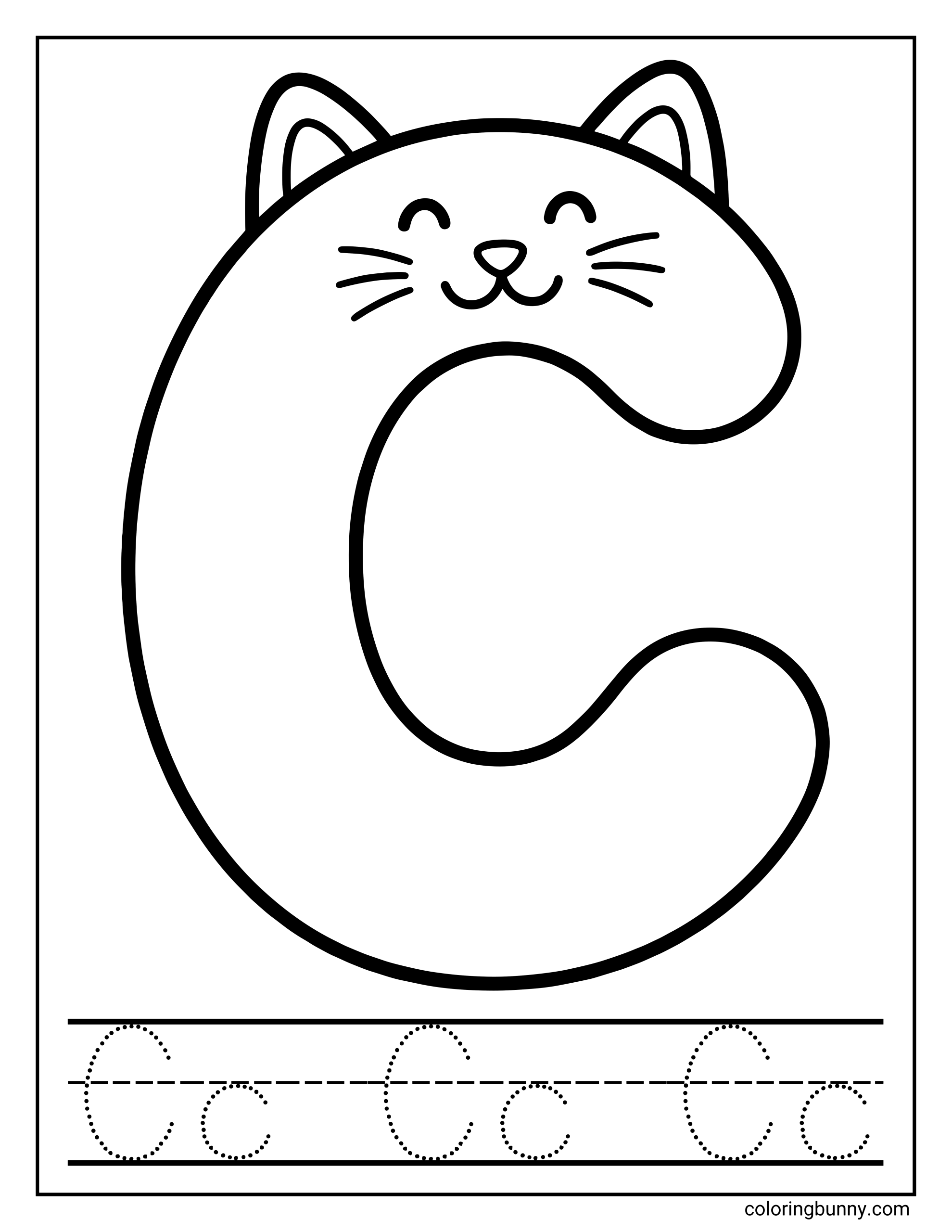 A big Letter C coloring page designed in the shape of a smiling cat, with ears, whiskers, and a friendly face built into the letter form. Below the illustration, dotted tracing lines show both uppercase and lowercase C, helping children practice letter formation while enjoying a playful, animal-themed design.