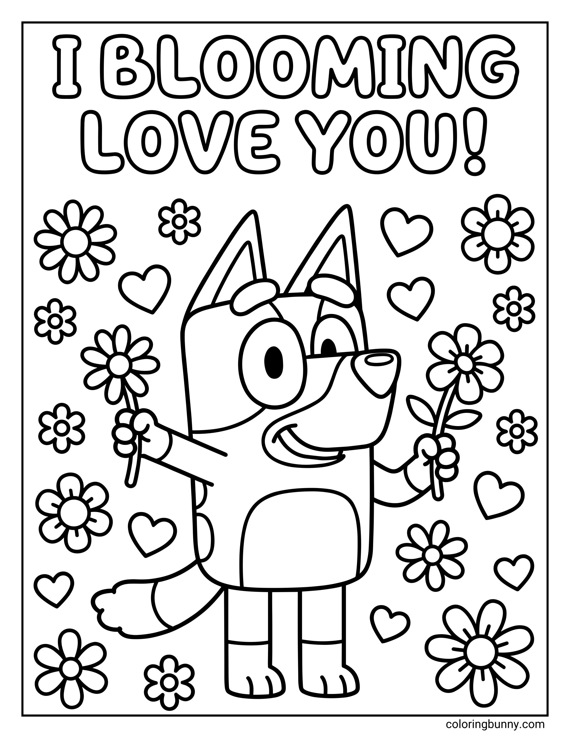 A Valentine’s Day coloring page showing Bluey holding two flowers, surrounded by hearts and blossoms, with the text “I blooming love you” at the top.