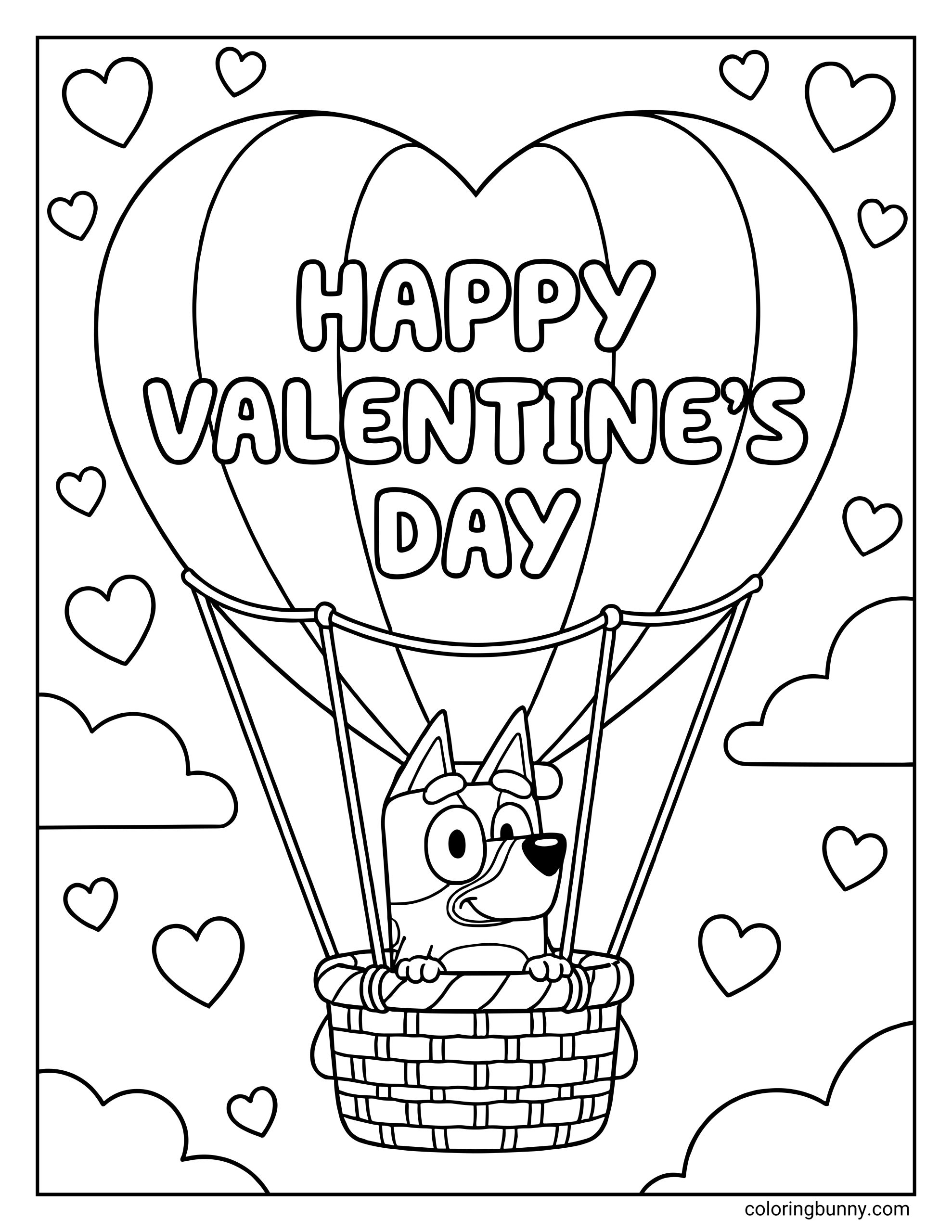 An easy Valentine coloring sheet of Bluey riding a heart-shaped hot air balloon, drifting above the clouds with cheerful Valentine decorations.