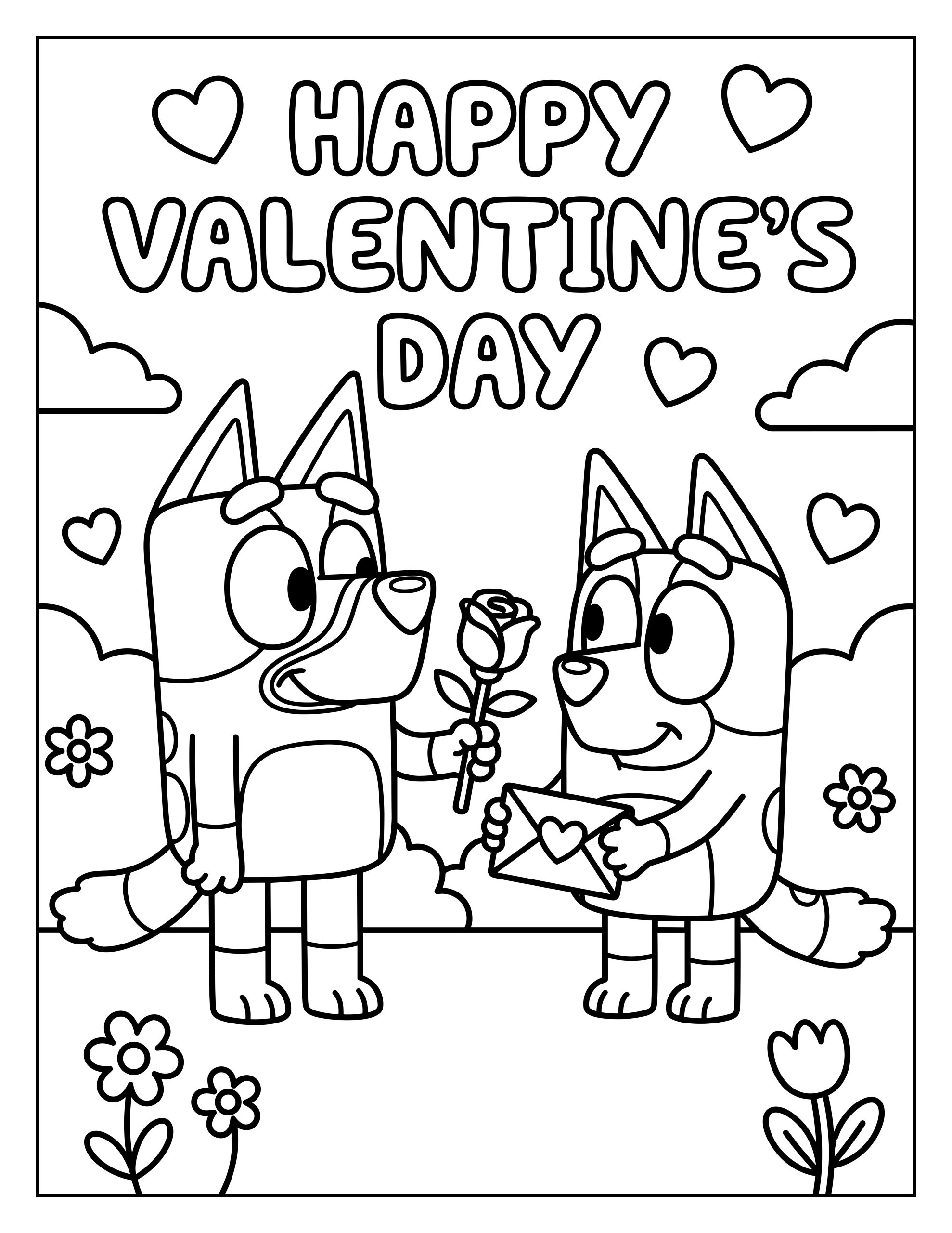 A Happy Valentine's Day coloring page of Bluey giving a rose to Bingo, who is holding a heart envelope, in a sunny garden under a "HAPPY VALENTINE'S DAY" heading.