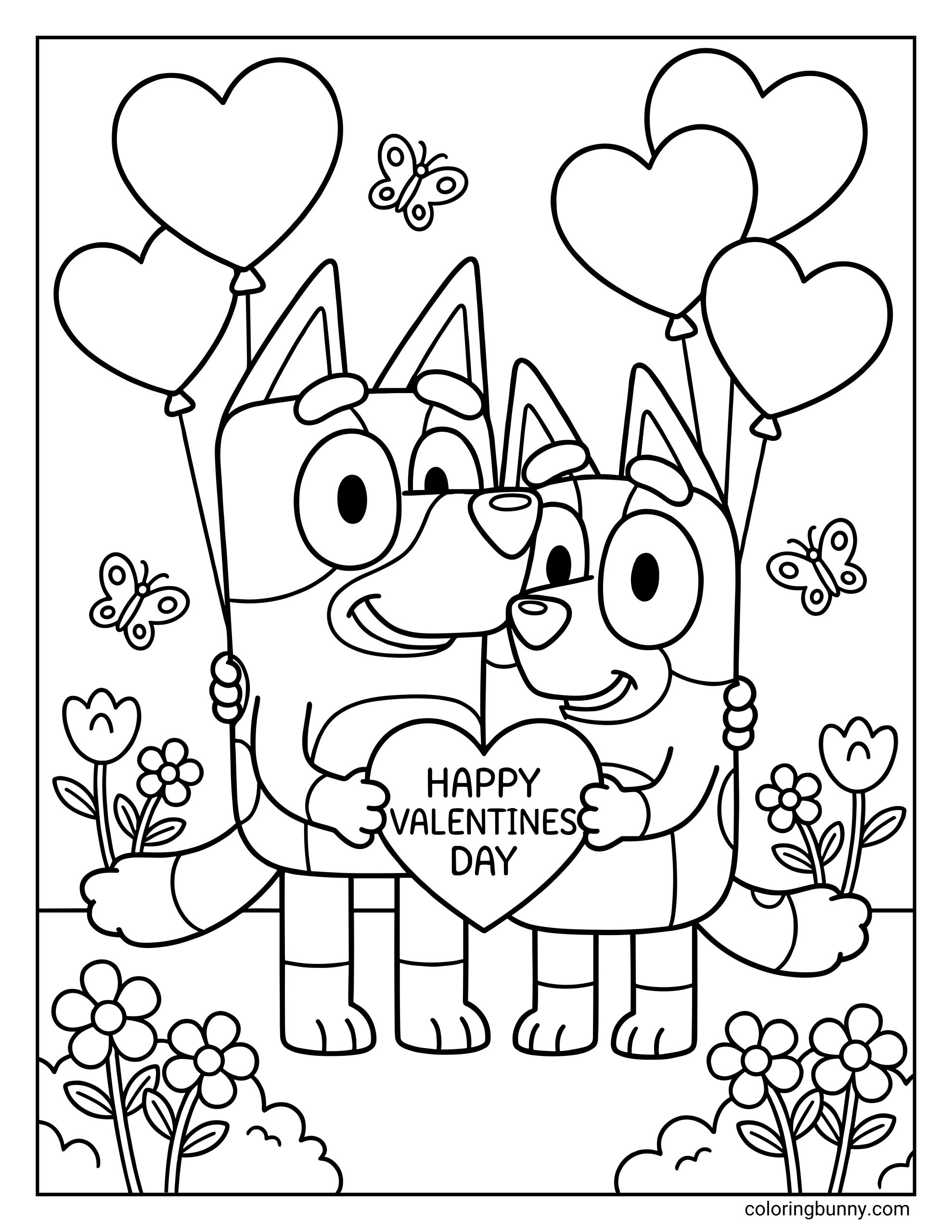 An easy kids' Bluey Valentine's Day coloring page of Bluey and Bingo hugging and holding a large "Happy Valentine's Day" heart while standing in a garden with butterflies and heart-shaped balloons.