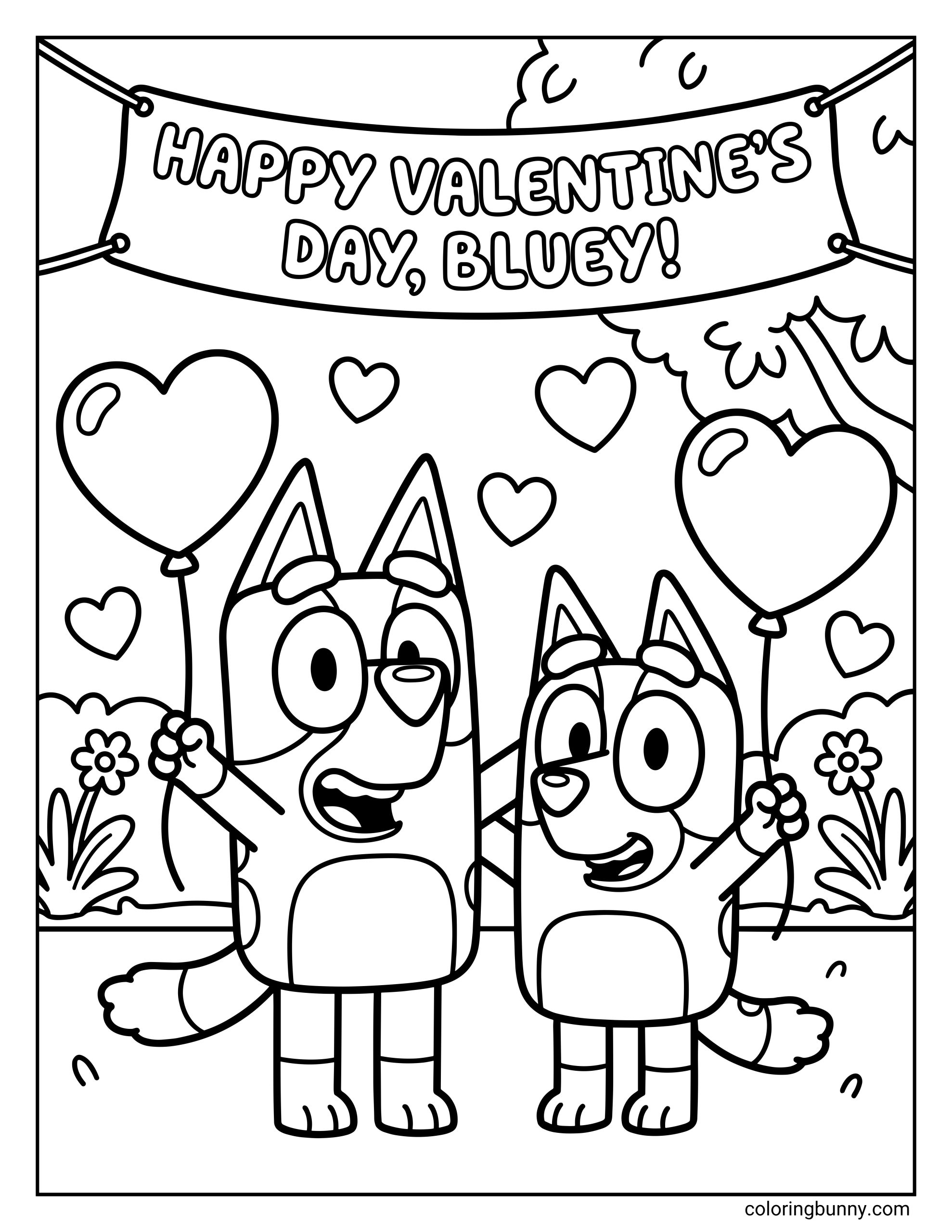 A fun kids' coloring page showing Bluey and Bingo standing under a "Happy Valentine's Day, Bluey!" banner while holding heart-shaped balloons in a garden filled with floating hearts and flowers.