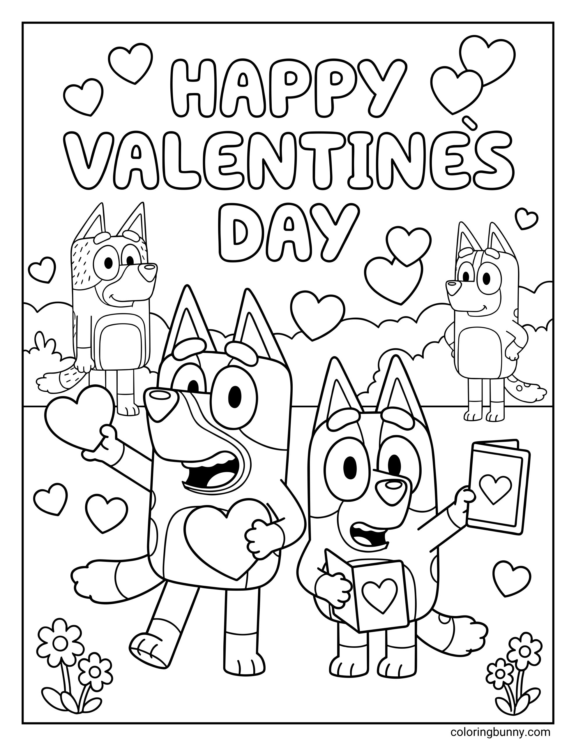 An easy Bluey Valentine's coloring page of Bluey, Bingo, Bandit, and Chilli celebrating together in a garden. The kids are in front holding a heart and a Valentine's card under a large "HAPPY VALENTINE'S DAY" banner surrounded by floating hearts.