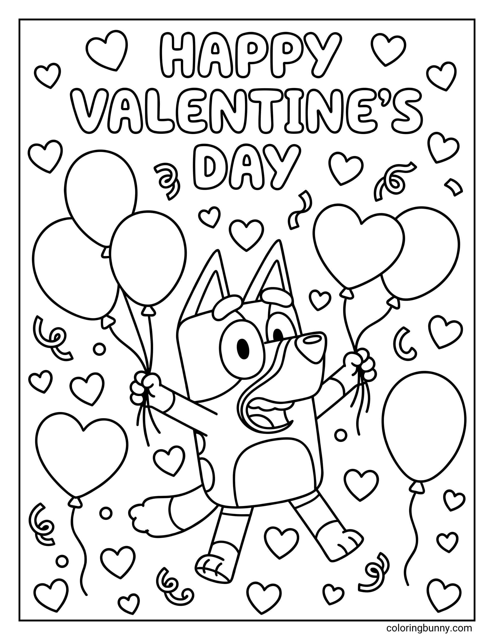 Bluey Valentine’s Day coloring page featuring Bluey holding balloons, surrounded by hearts and confetti, with the text “Happy Valentine’s Day.”
