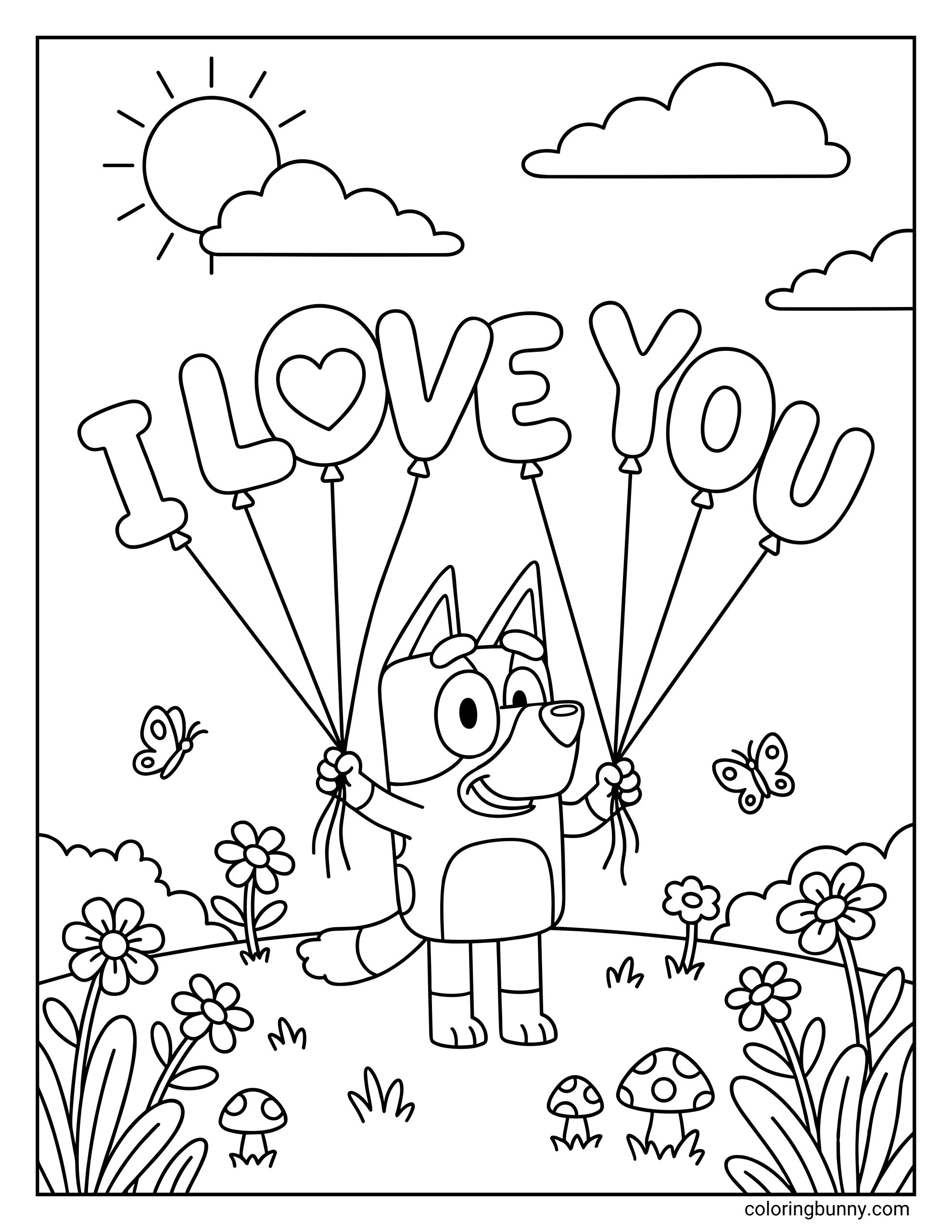 An easy coloring sheet of Bluey holding balloon letters spelling I love you, set in a playful outdoor Valentine scene.