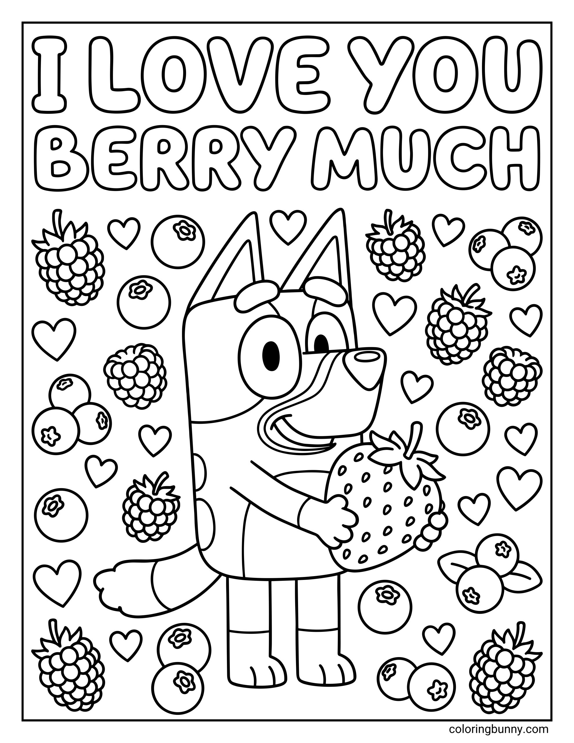 A Bluey Valentine’s Day coloring page featuring Bluey holding a strawberry, with hearts and berry illustrations filling the background and “I love you berry much” text at the top.